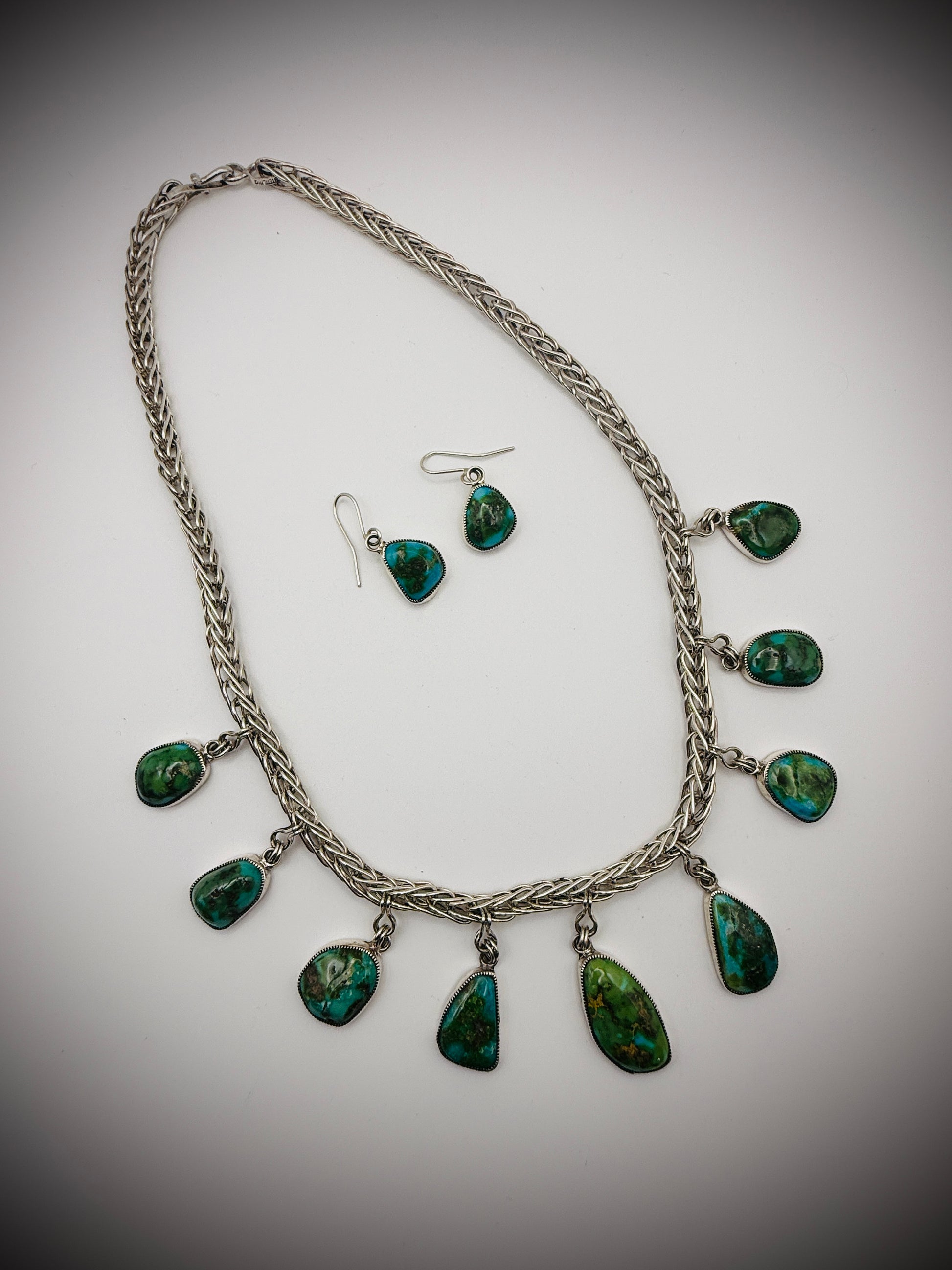 Sonoran Gold Turquoise Necklace & Earrings Set — Sterling, Signed “Smokey”, 18" + Drops, 62g