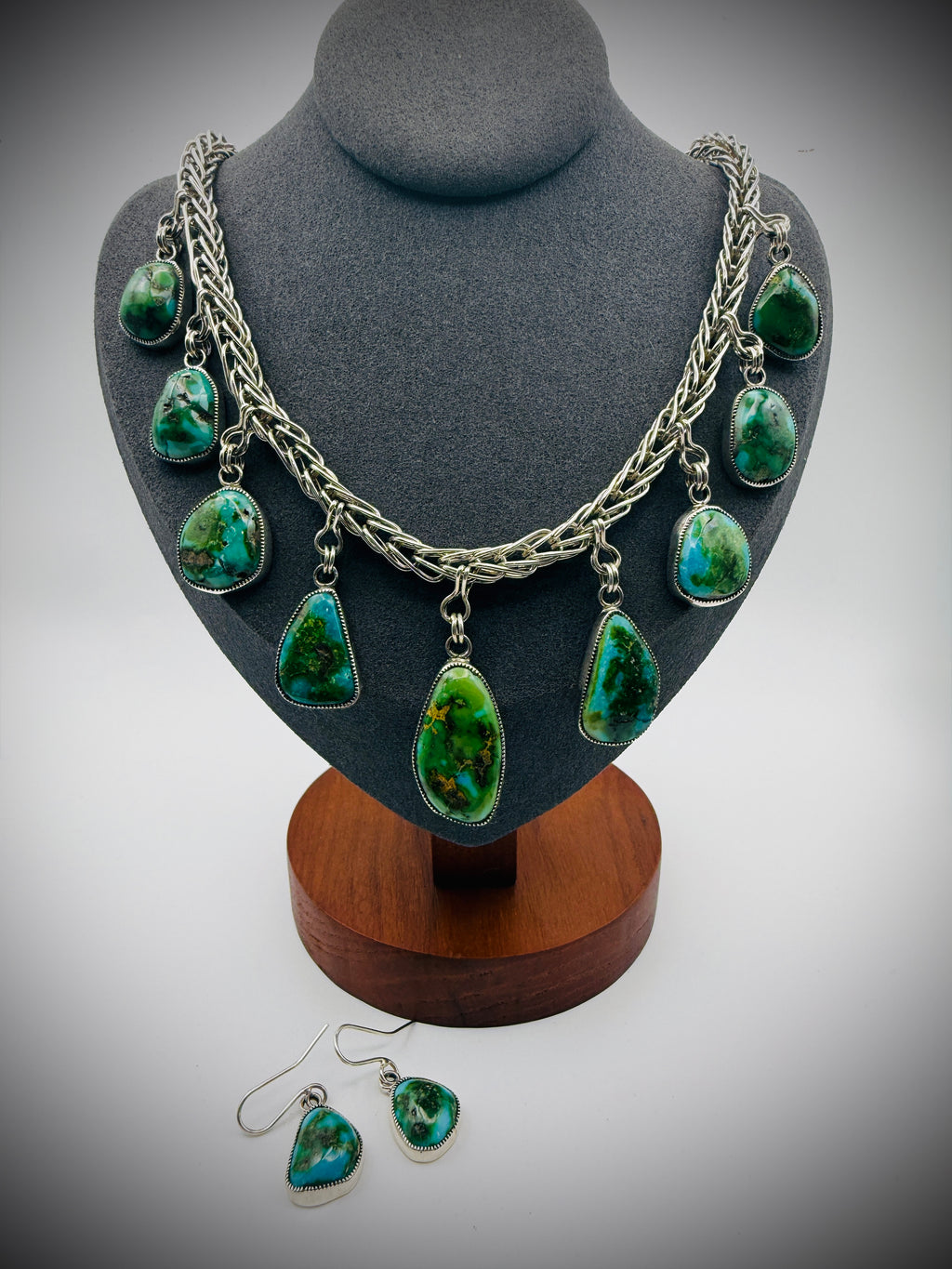 Sonoran Gold Turquoise Necklace & Earrings Set — Sterling, Signed “Smokey”, 18" + Drops, 62g