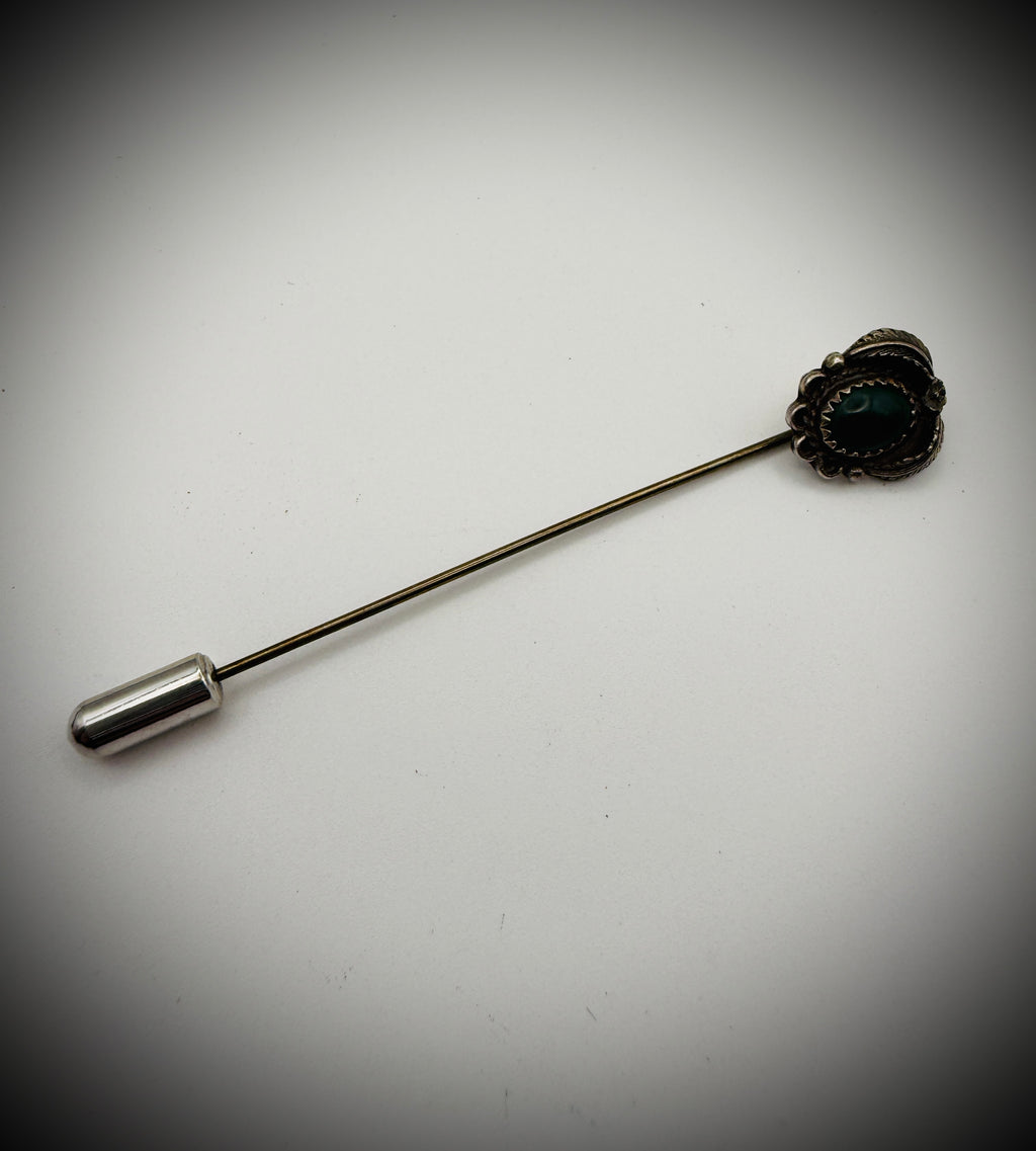 Vintage Sterling Hat Pin • Green Cabochon • 3"