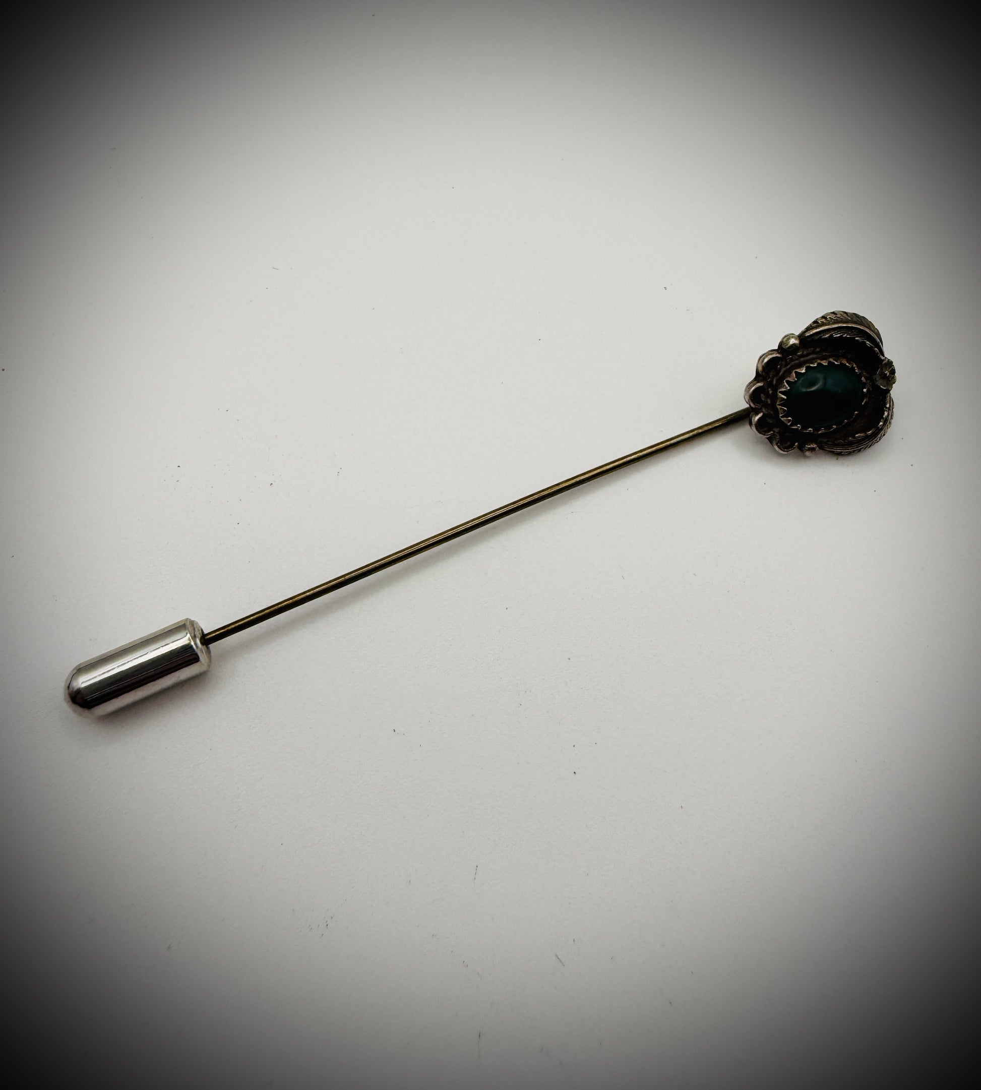 Vintage Sterling Hat Pin • Green Cabochon • 3"
