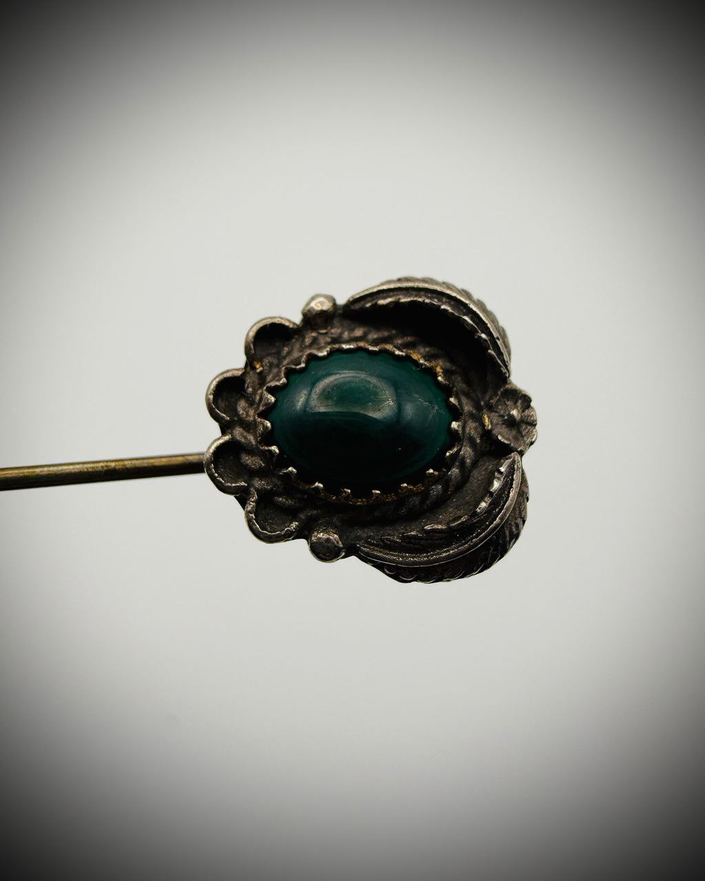 Vintage Sterling Hat Pin • Green Cabochon • 3"