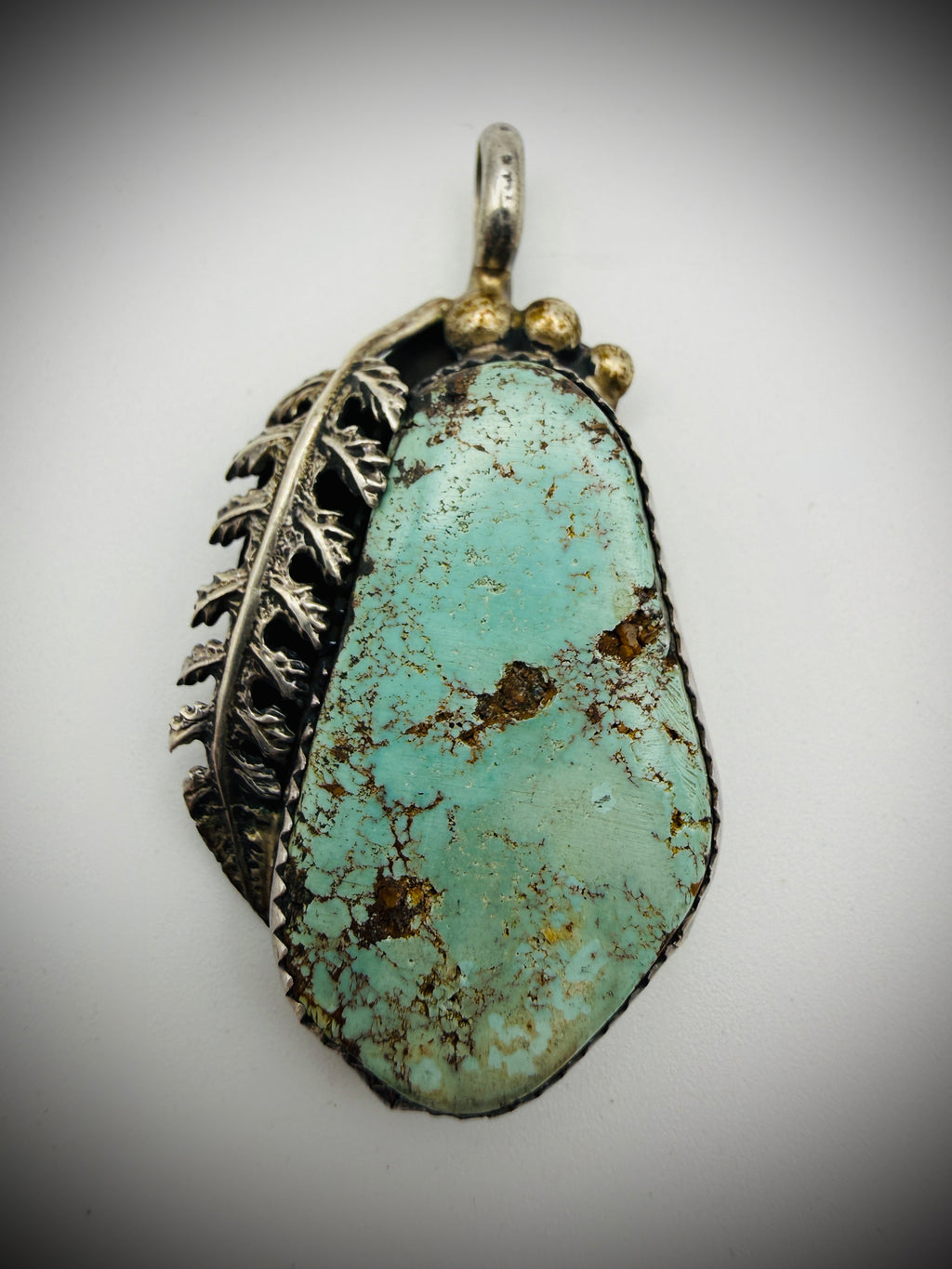 Sterling Turquoise Pendant w/ Leaf Accent • 1.75" • Pendant Only