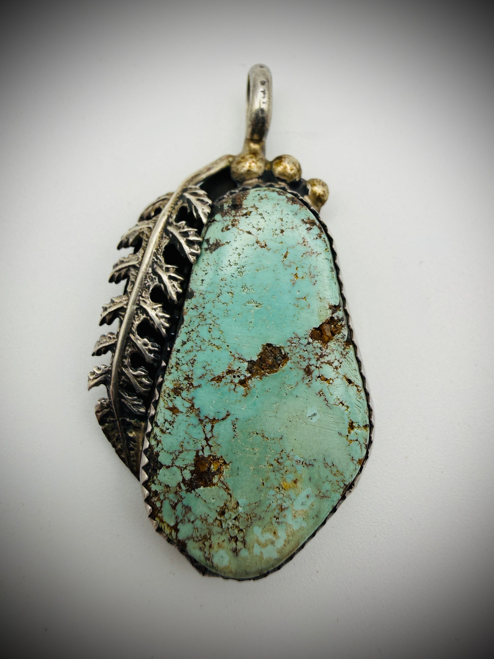 Sterling Turquoise Pendant w/ Leaf Accent • 1.75" • Pendant Only