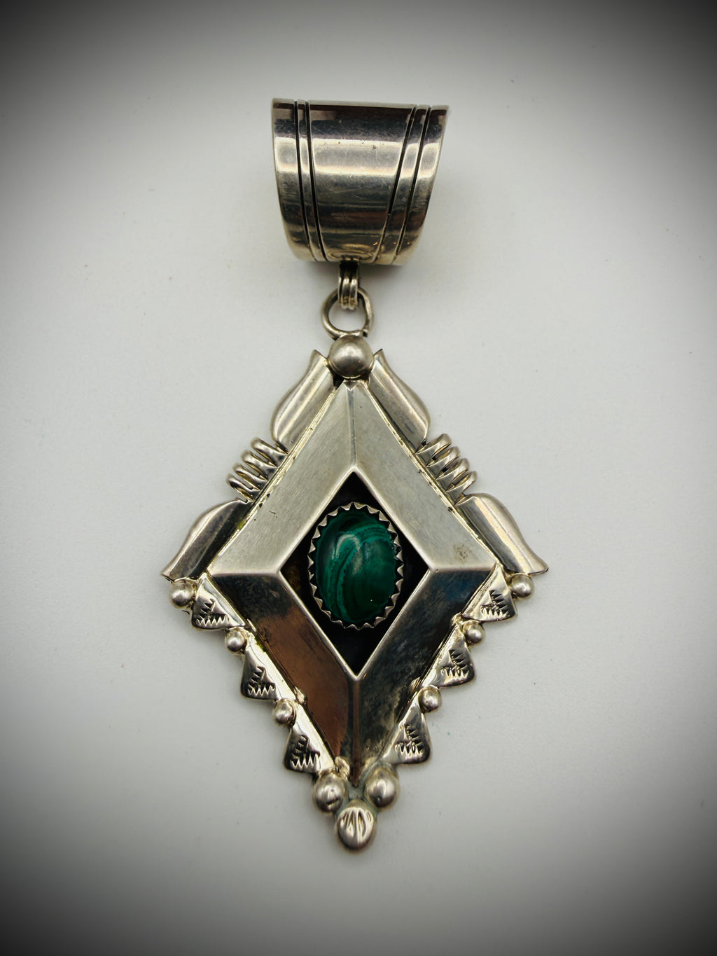 Sterling Malachite Pendant • Artist-Stamped “M L” • 2.75" • Pendant Only