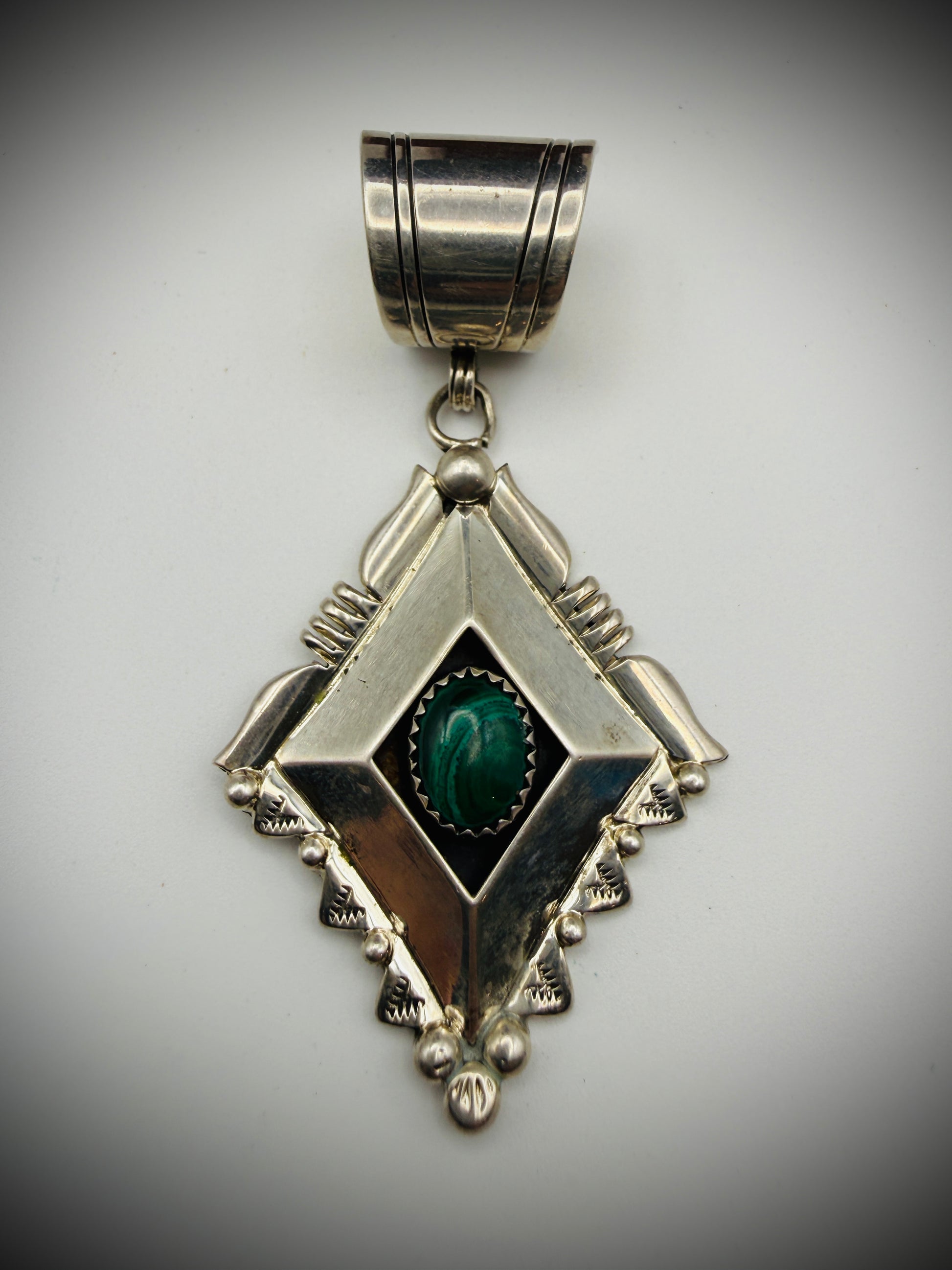 Sterling Malachite Pendant • Artist-Stamped “M L” • 2.75" • Pendant Only