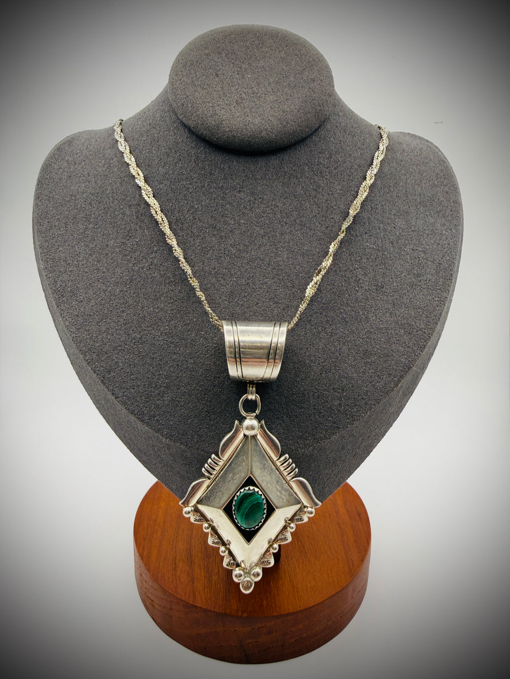 Sterling Malachite Pendant • Artist-Stamped “M L” • 2.75" • Pendant Only