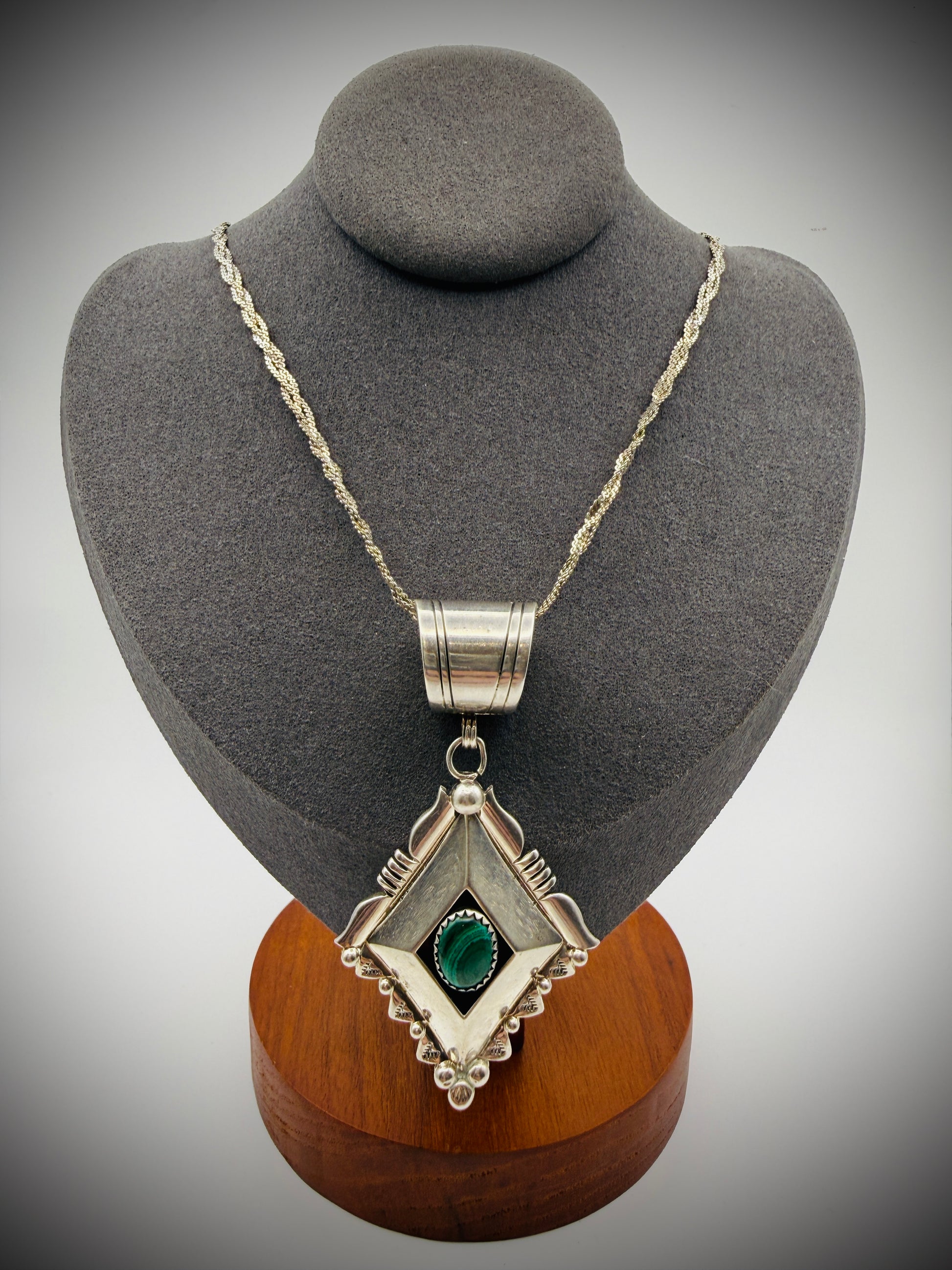 Sterling Malachite Pendant • Artist-Stamped “M L” • 2.75" • Pendant Only