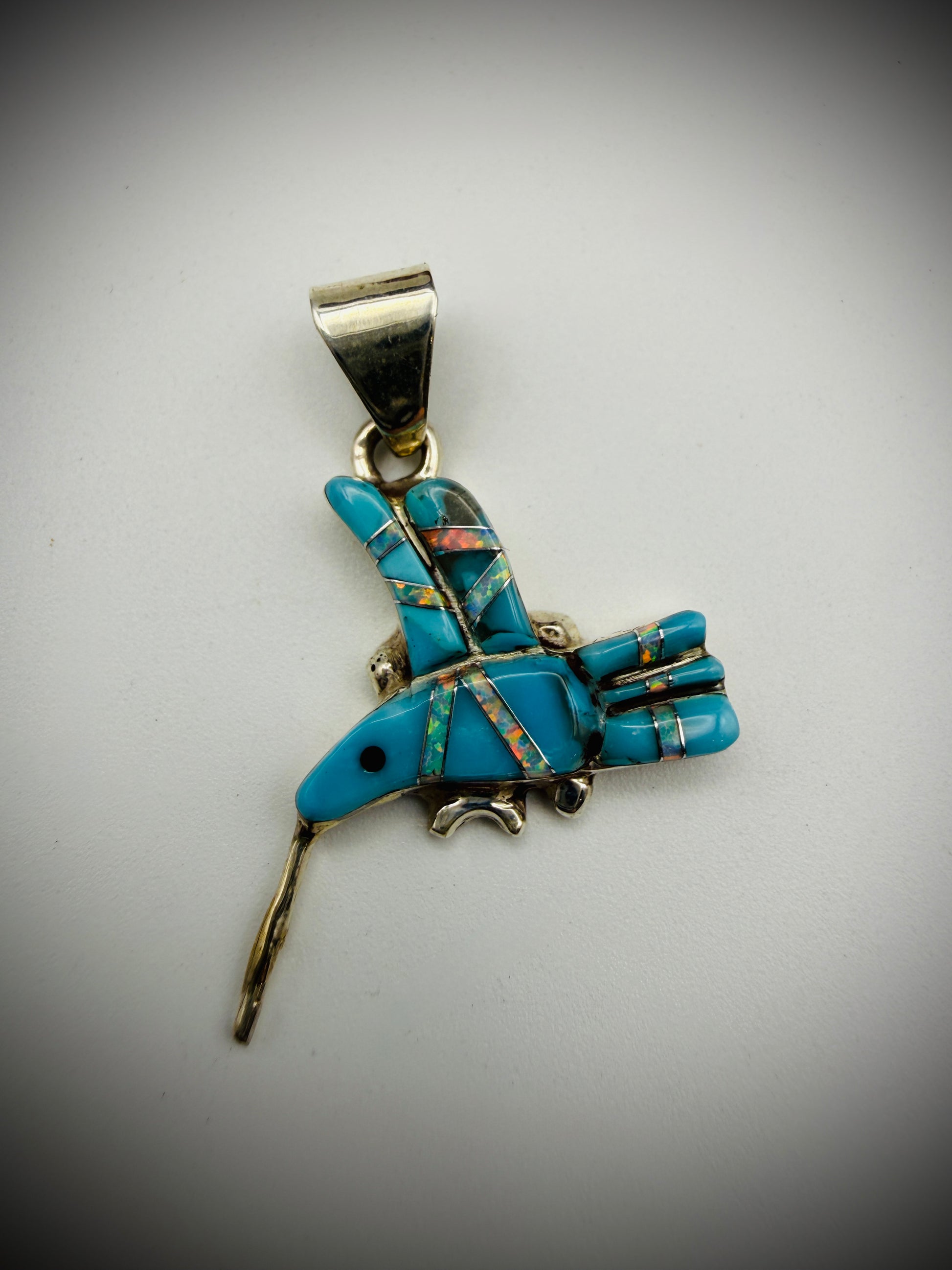 Sterling Silver Hummingbird Inlay Pendant – Turquoise & Opal – Signed SM