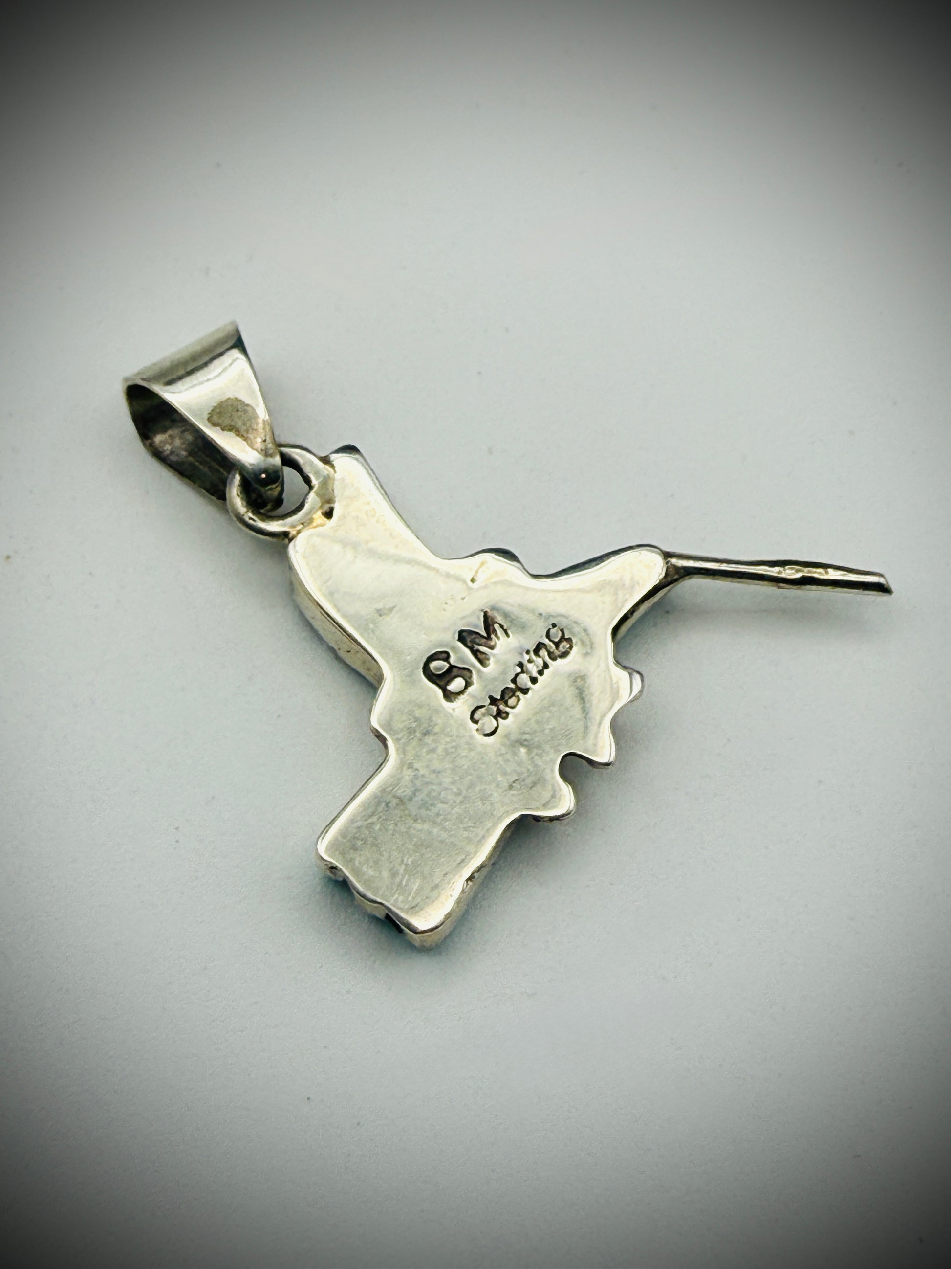 Sterling Silver Hummingbird Inlay Pendant – Turquoise & Opal – Signed SM