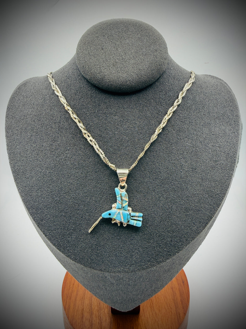 Sterling Silver Hummingbird Inlay Pendant – Turquoise & Opal – Signed SM