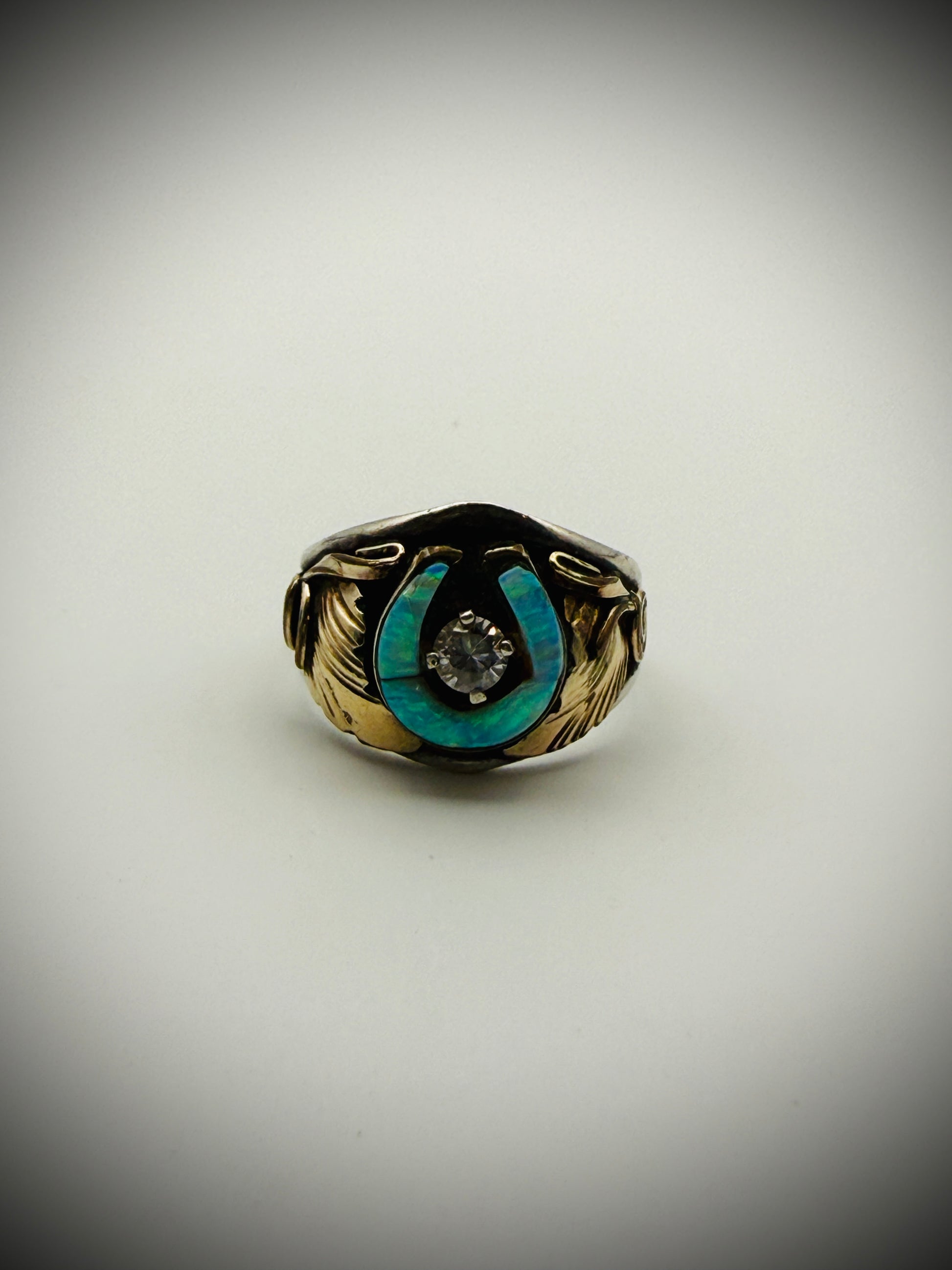 Vintage Silver Ray Navajo Sterling Horseshoe Ring w/ Opal Inlay – Size 8