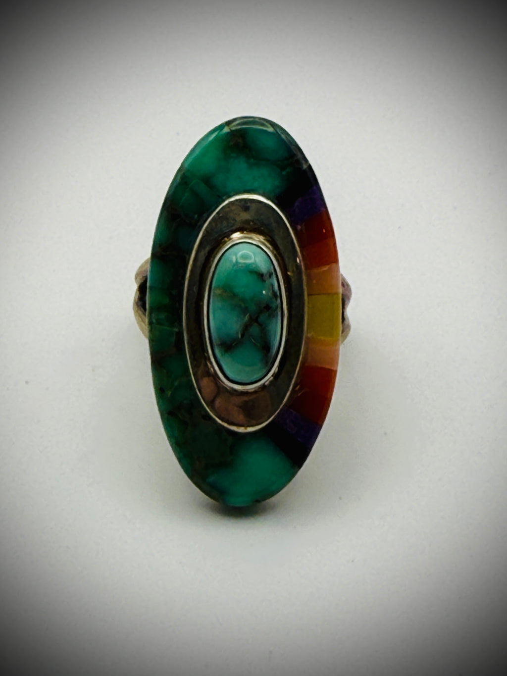 Michael Rogers Paiute Handmade Sterling Rainbow Inlay Ring – Size 6.5