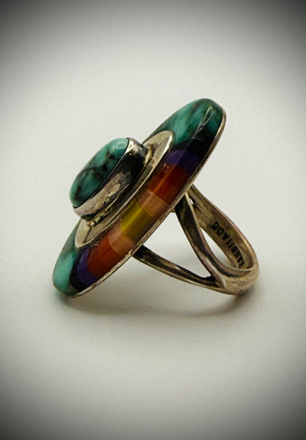 Michael Rogers Paiute Handmade Sterling Rainbow Inlay Ring – Size 6.5