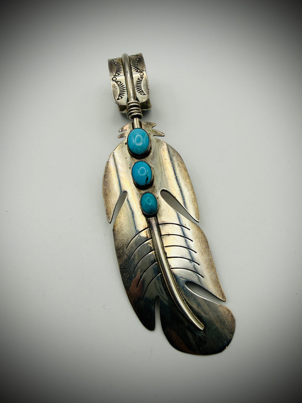 Sterling Feather Pendant w/ 3 Turquoise Cabs — 4", 17g — Hook Bail