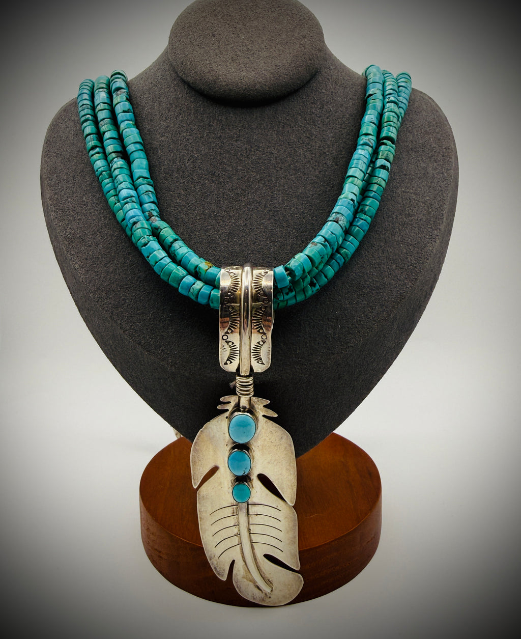 Sterling Feather Pendant w/ 3 Turquoise Cabs — 4", 17g — Hook Bail