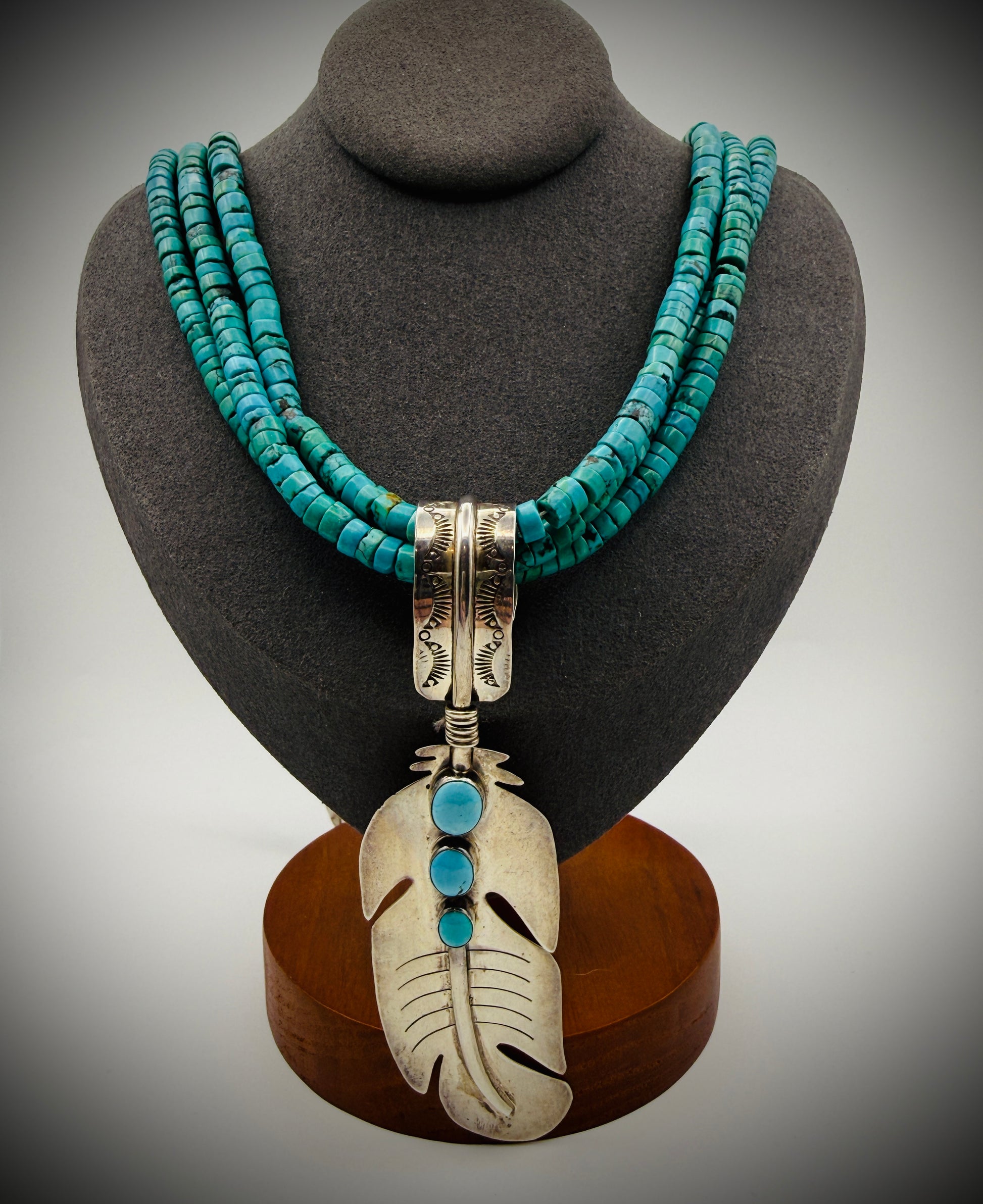 Sterling Feather Pendant w/ 3 Turquoise Cabs — 4", 17g — Hook Bail