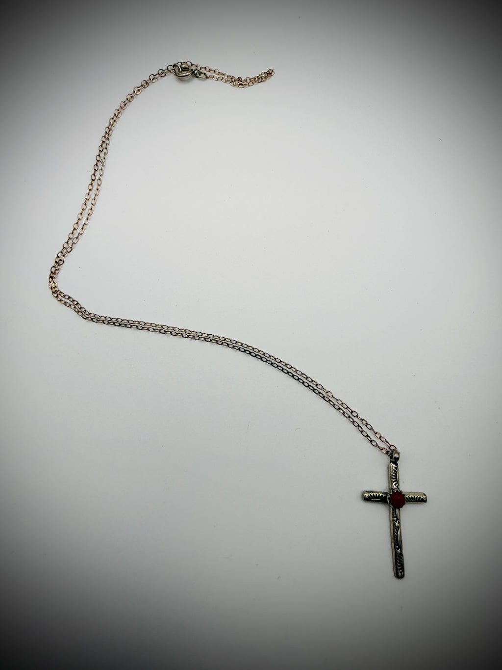 Dainty Sterling Cross Necklace w/ Coral — 18" chain + 1.25" pendant