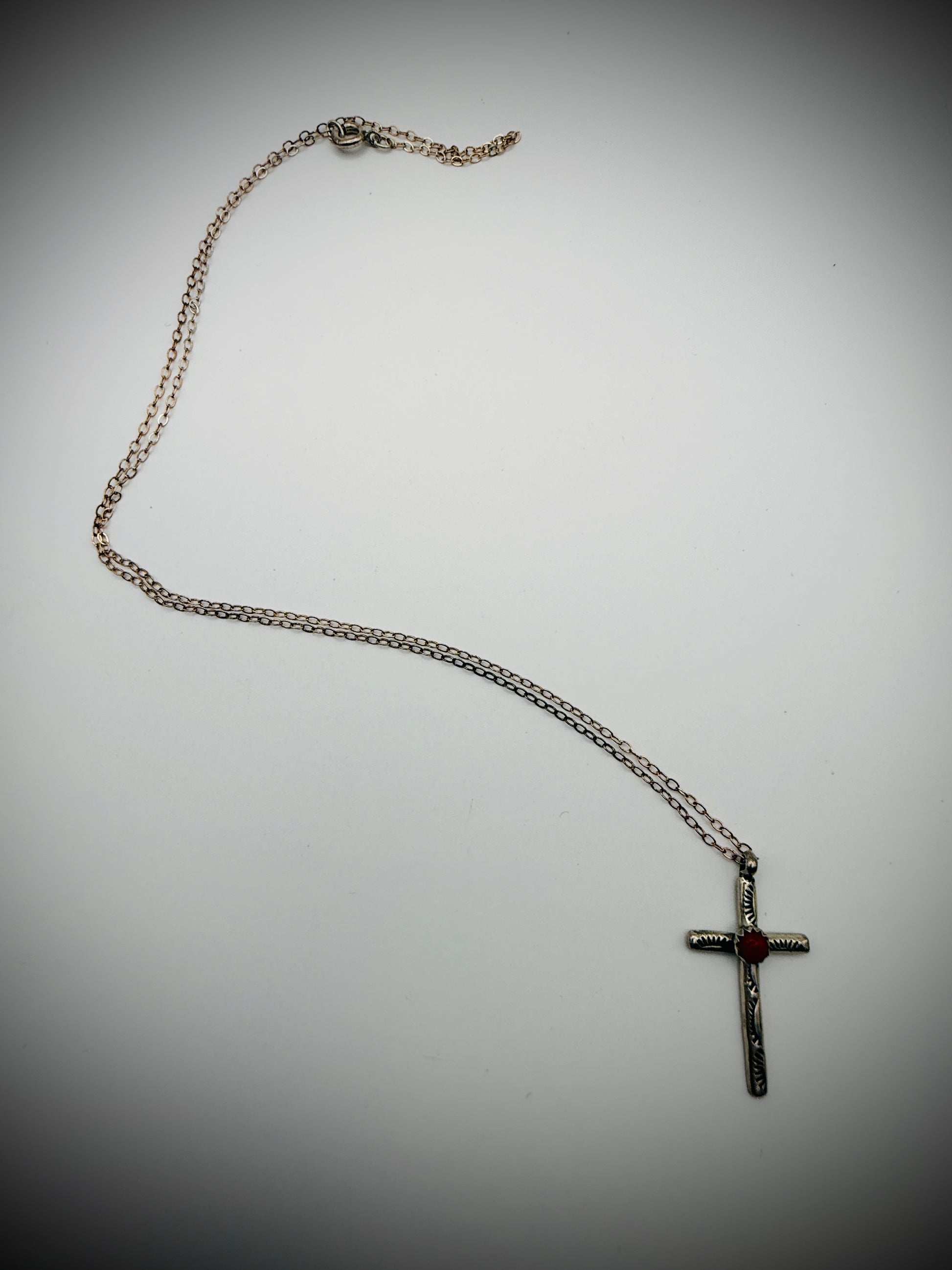 Dainty Sterling Cross Necklace w/ Coral — 18" chain + 1.25" pendant