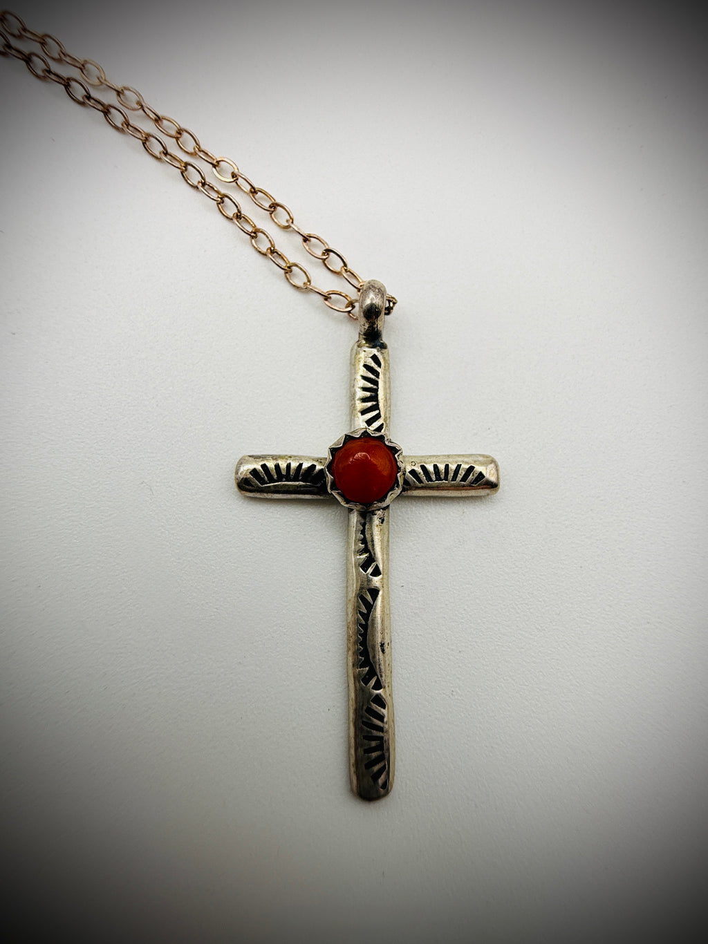 Dainty Sterling Cross Necklace w/ Coral — 18" chain + 1.25" pendant