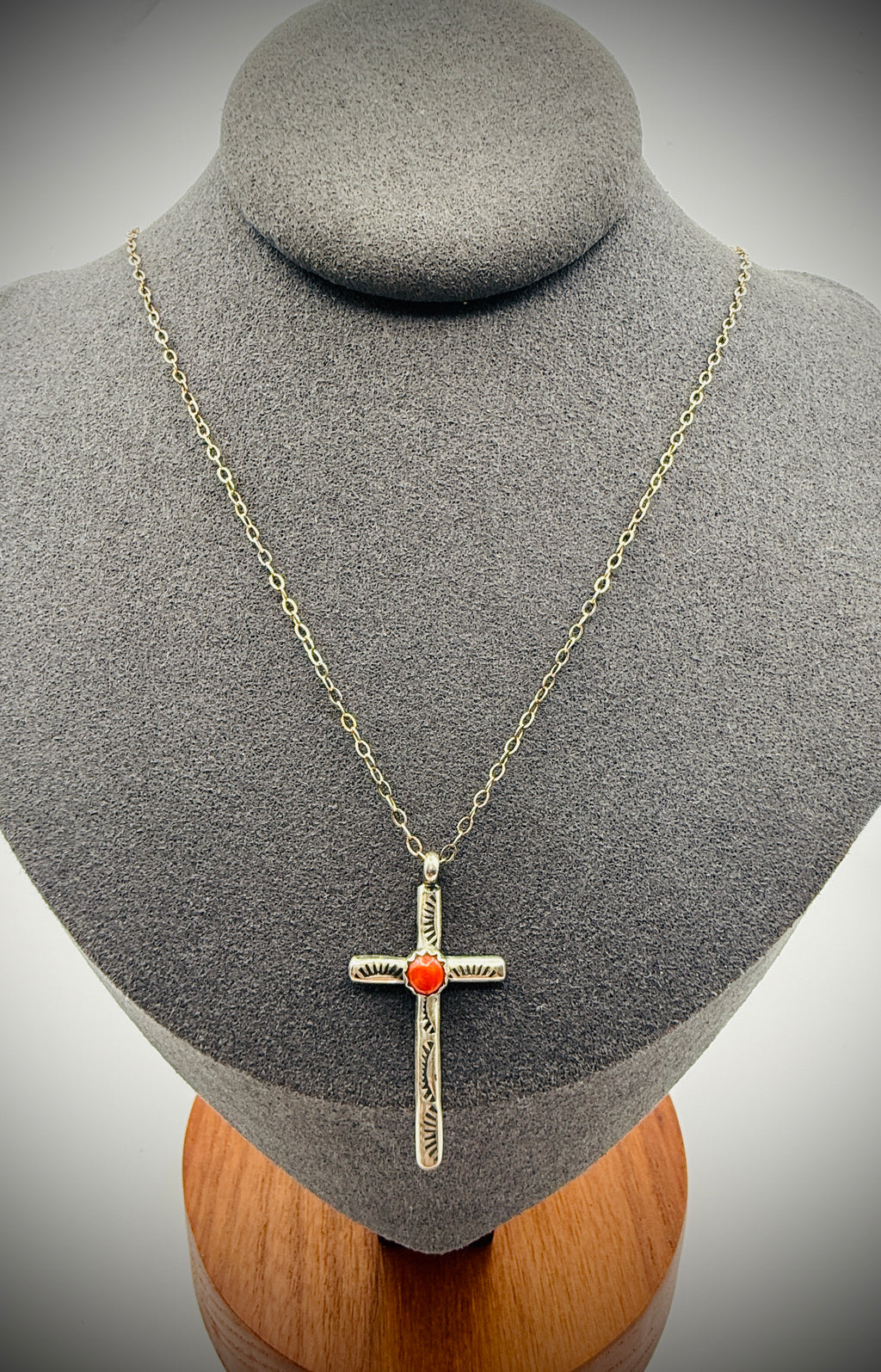 Dainty Sterling Cross Necklace w/ Coral — 18" chain + 1.25" pendant