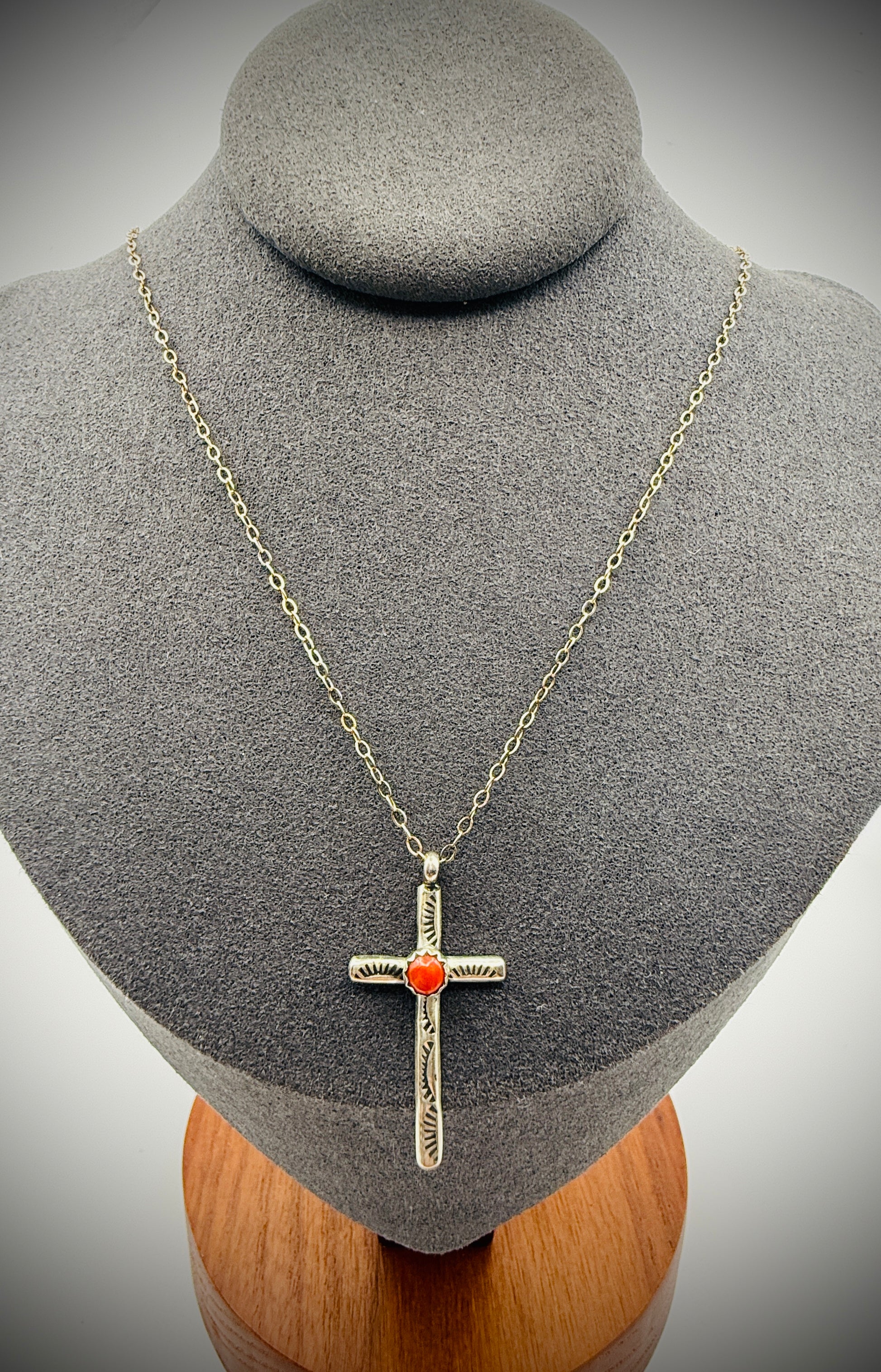 Dainty Sterling Cross Necklace w/ Coral — 18" chain + 1.25" pendant