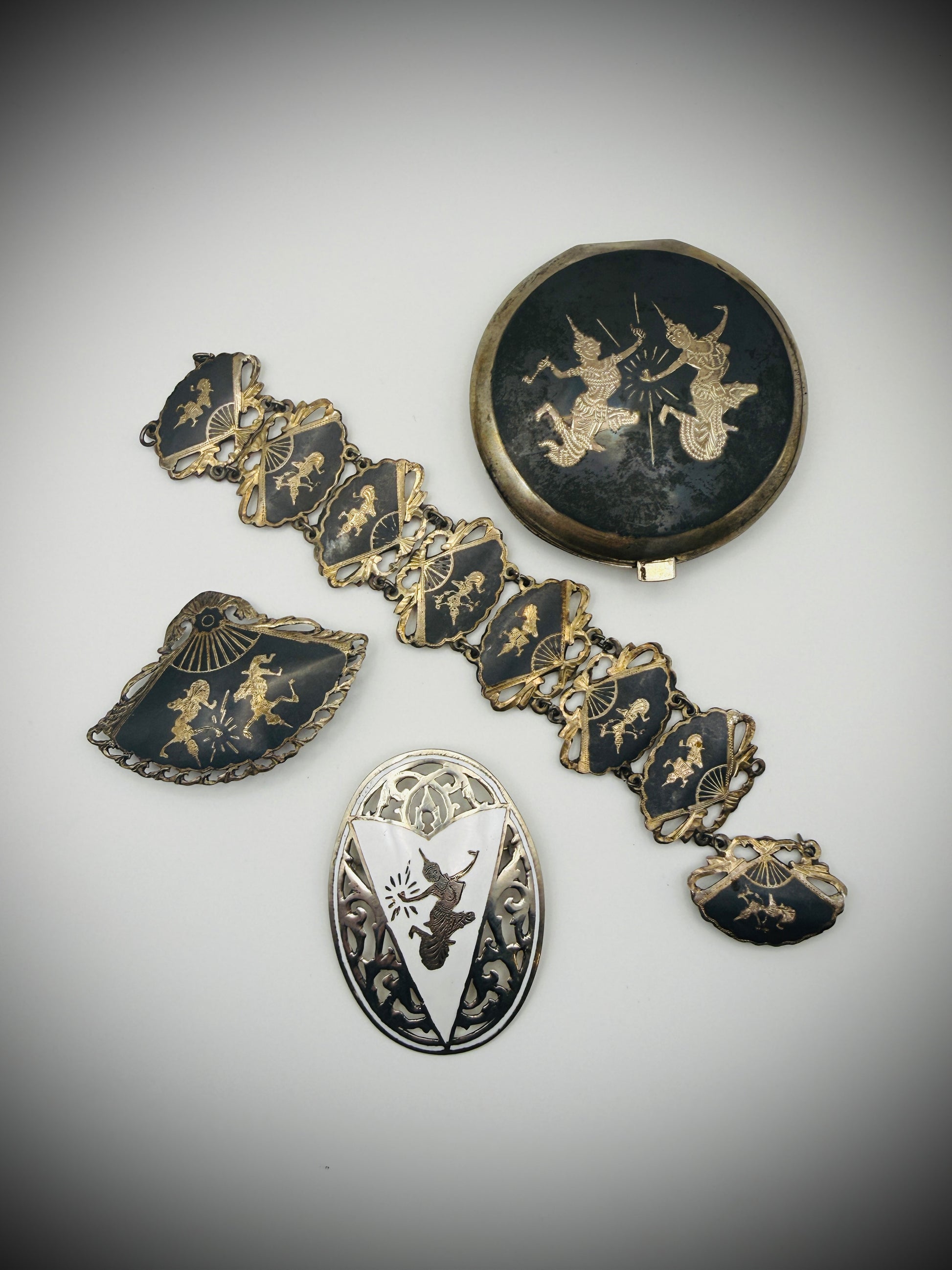 Vintage Siam Niello Lot – Compact, Bracelet (Repair), & 2 Brooches