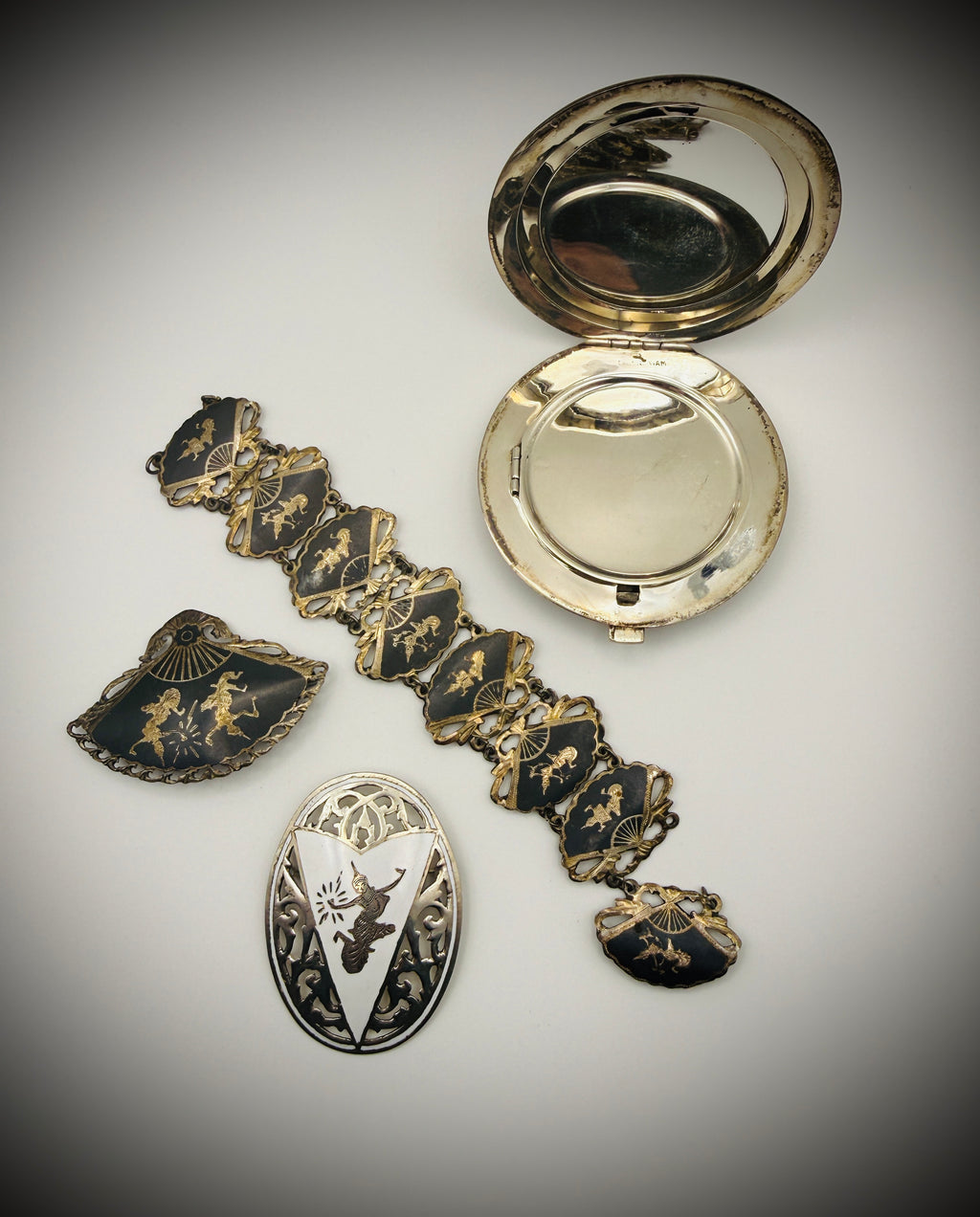 Vintage Siam Niello Lot – Compact, Bracelet (Repair), & 2 Brooches