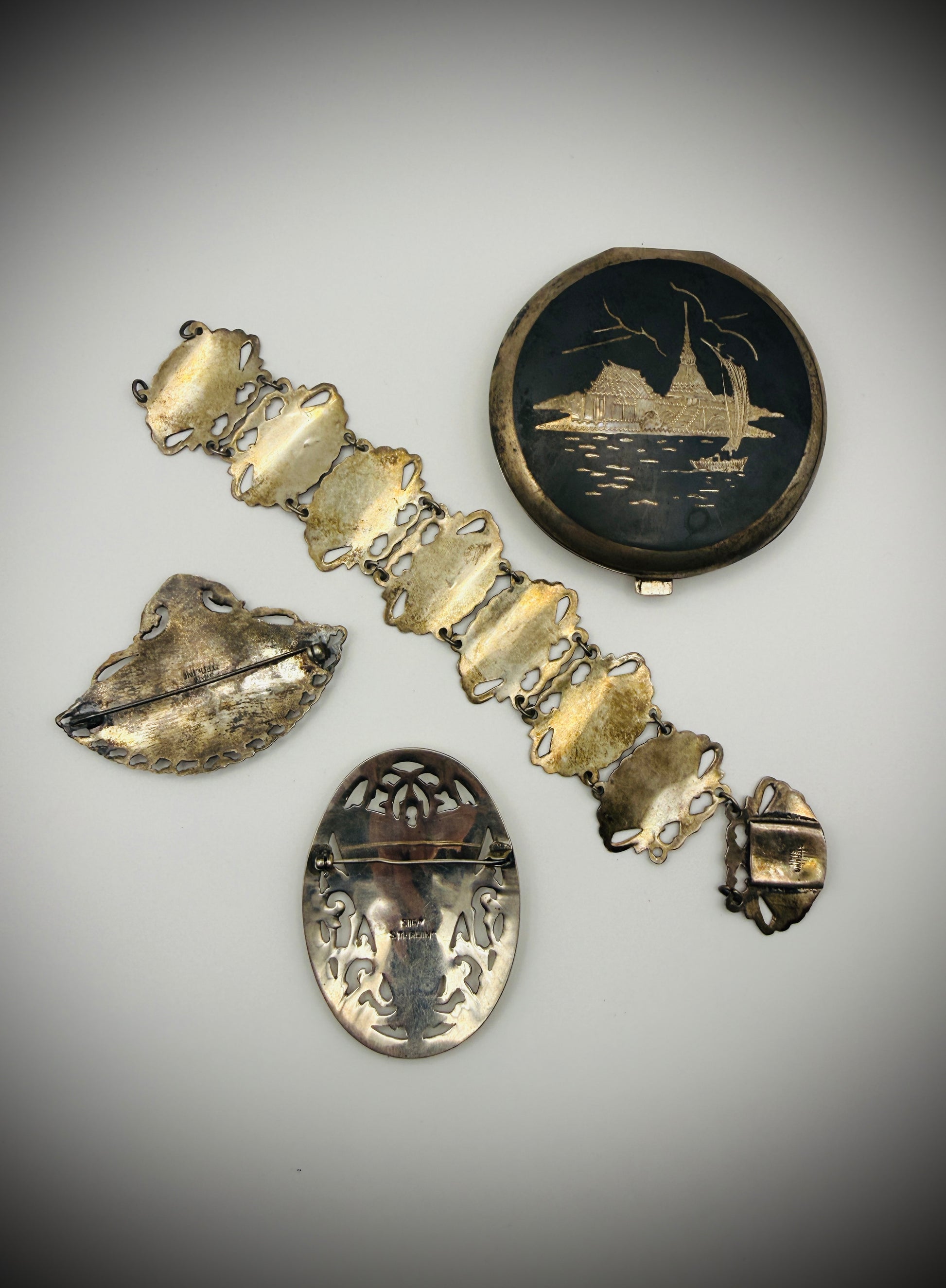 Vintage Siam Niello Lot – Compact, Bracelet (Repair), & 2 Brooches