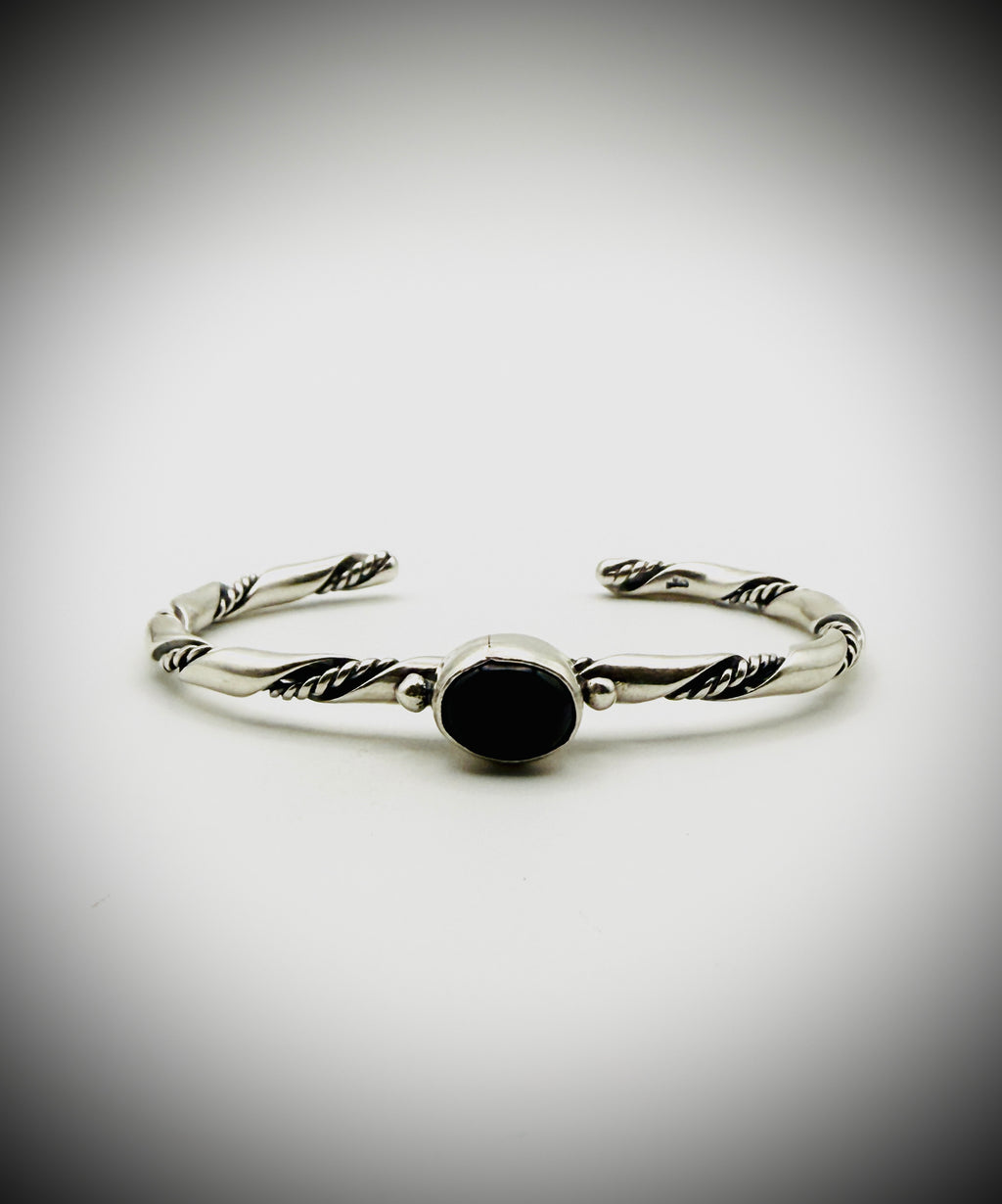 Sterling Twisted Rope Black Onyx Cuff Bracelet 6" 14g