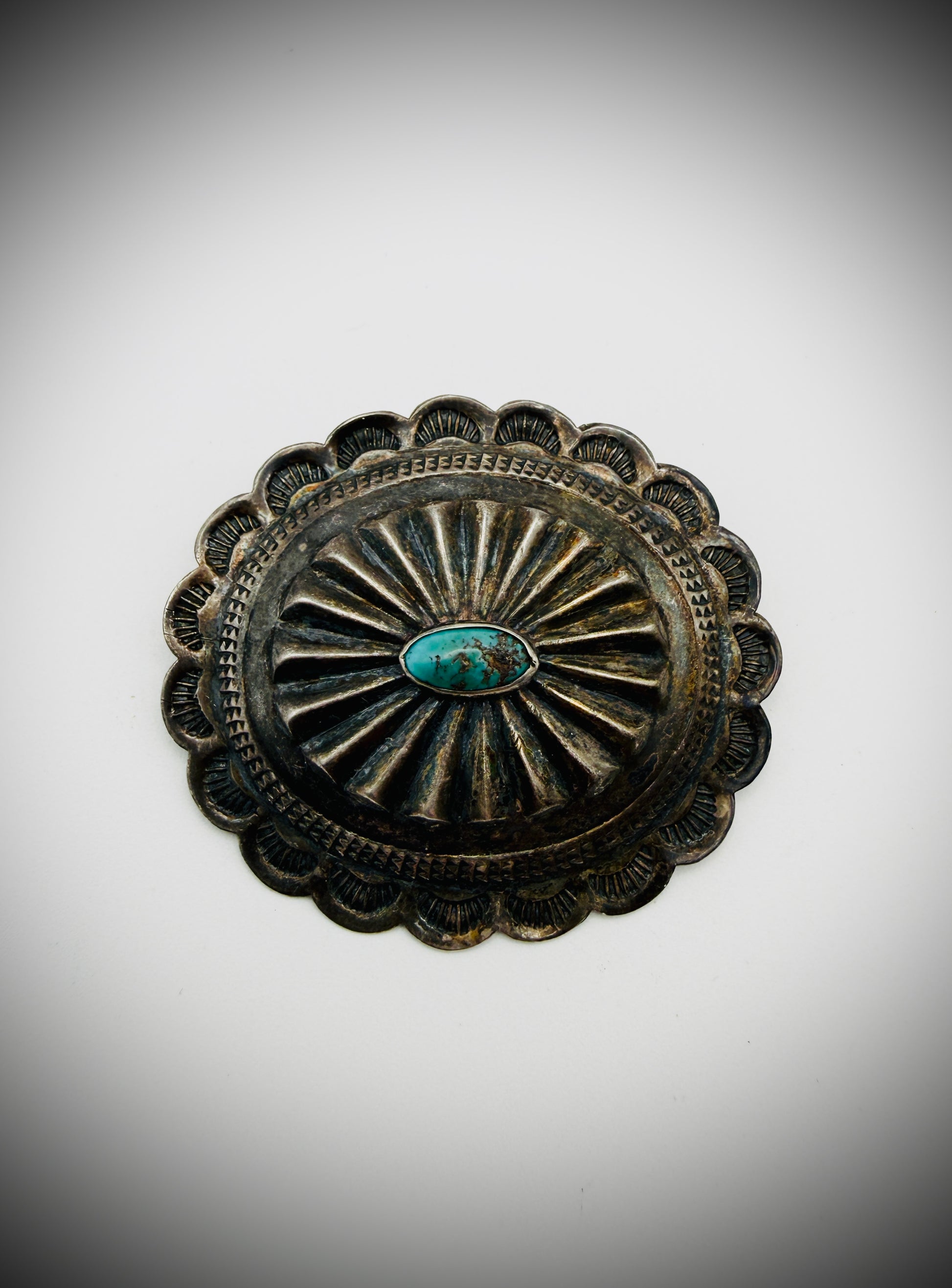 Vintage Sterling Turquoise Concho Brooch Pin 1.75" 8g