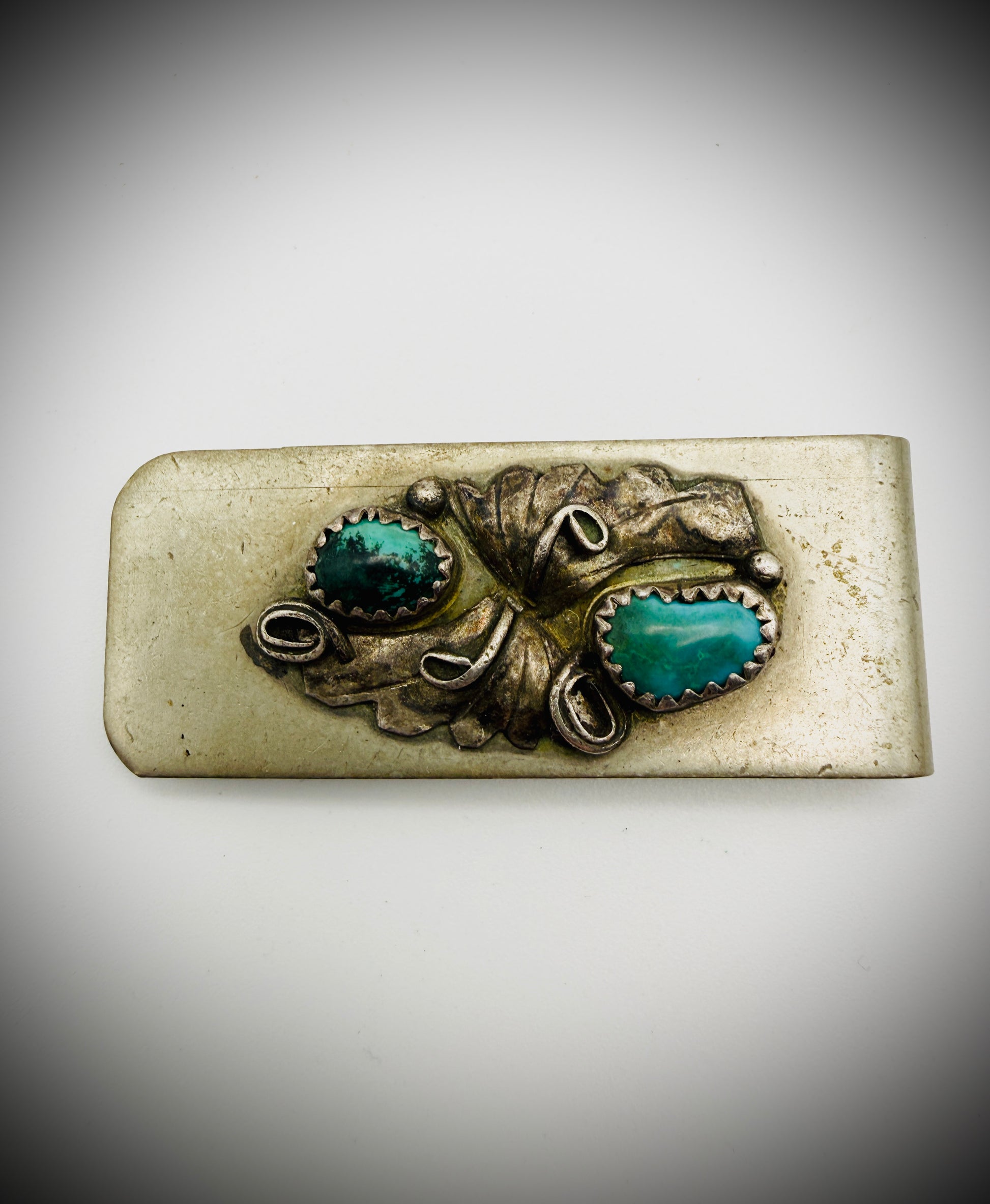 Vintage Turquoise Leaf Motif Money Clip Silver Tone 1.75"