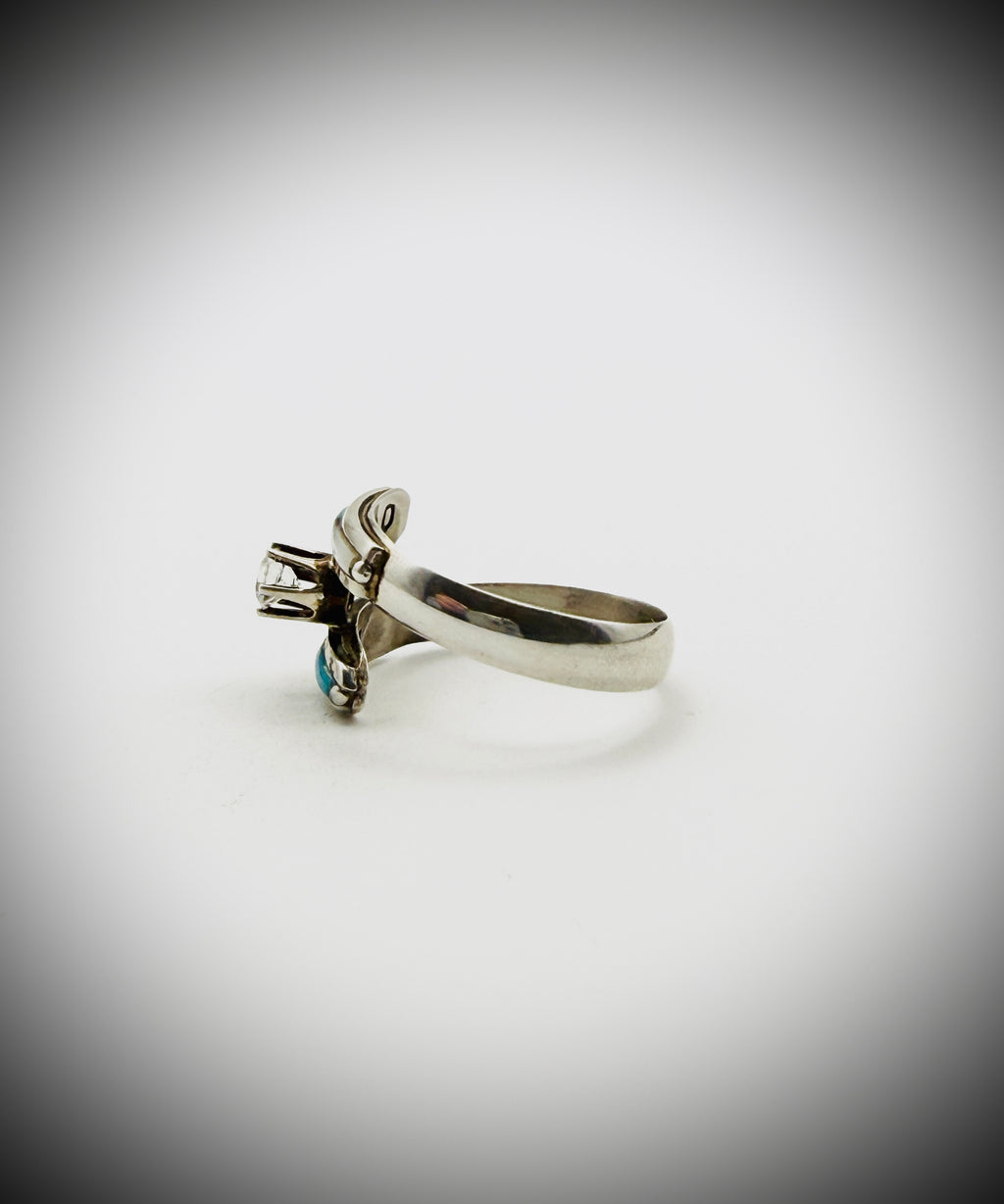 Vintage Sterling Multi-Stone Inlay Bypass Ring, Size 9 – Signed “DD”