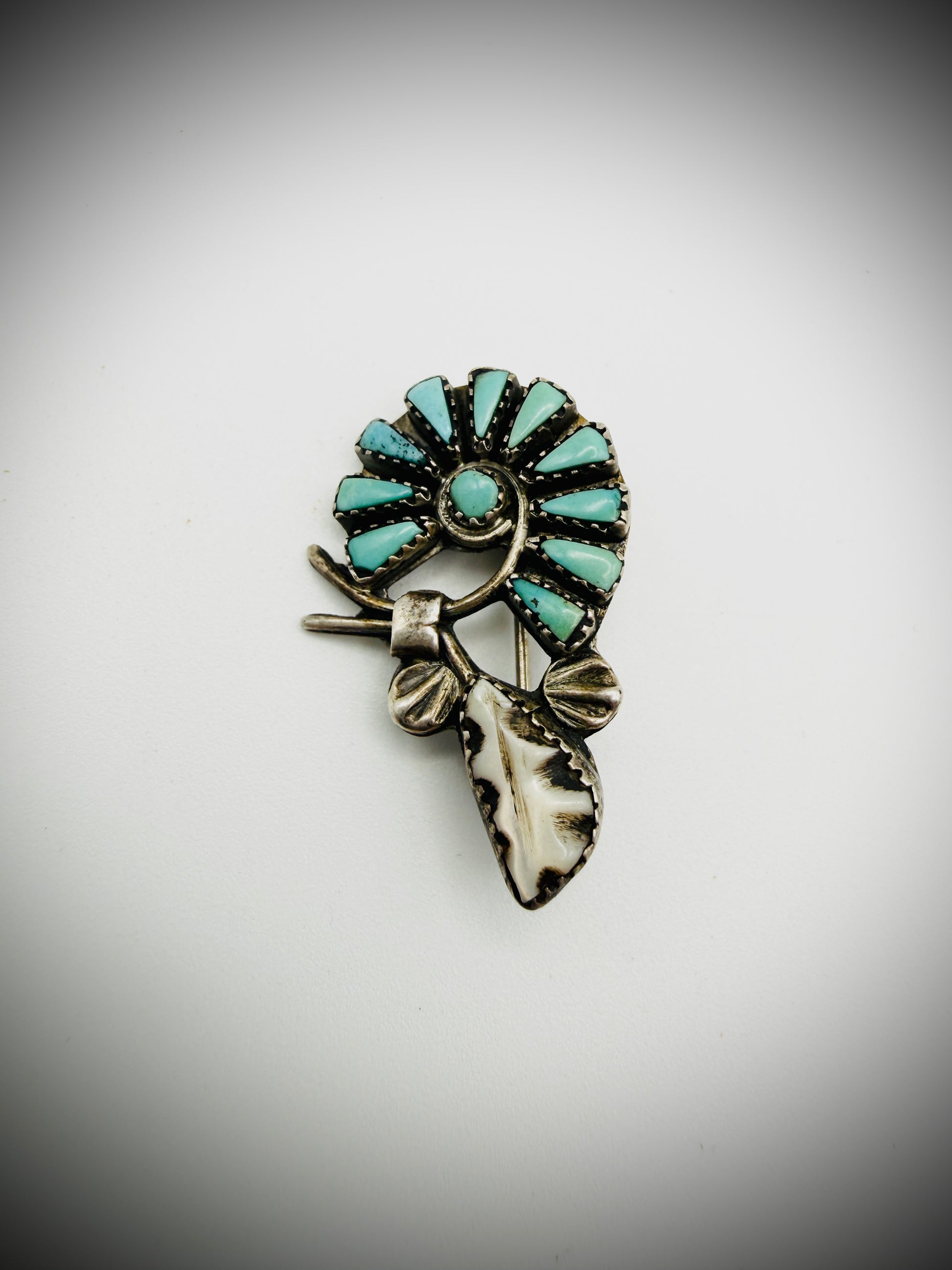 Vintage Zuni Sterling Silver Turquoise Needlepoint Flower Brooch