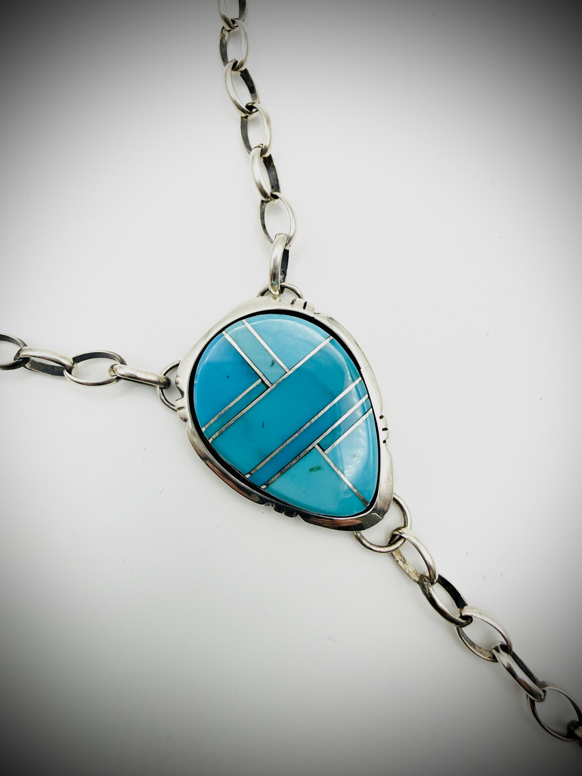Navajo Priscilla A. Smith Sterling Silver Turquoise Inlay Lariat Necklace – 18″ + 5″ Drop, 26 g
