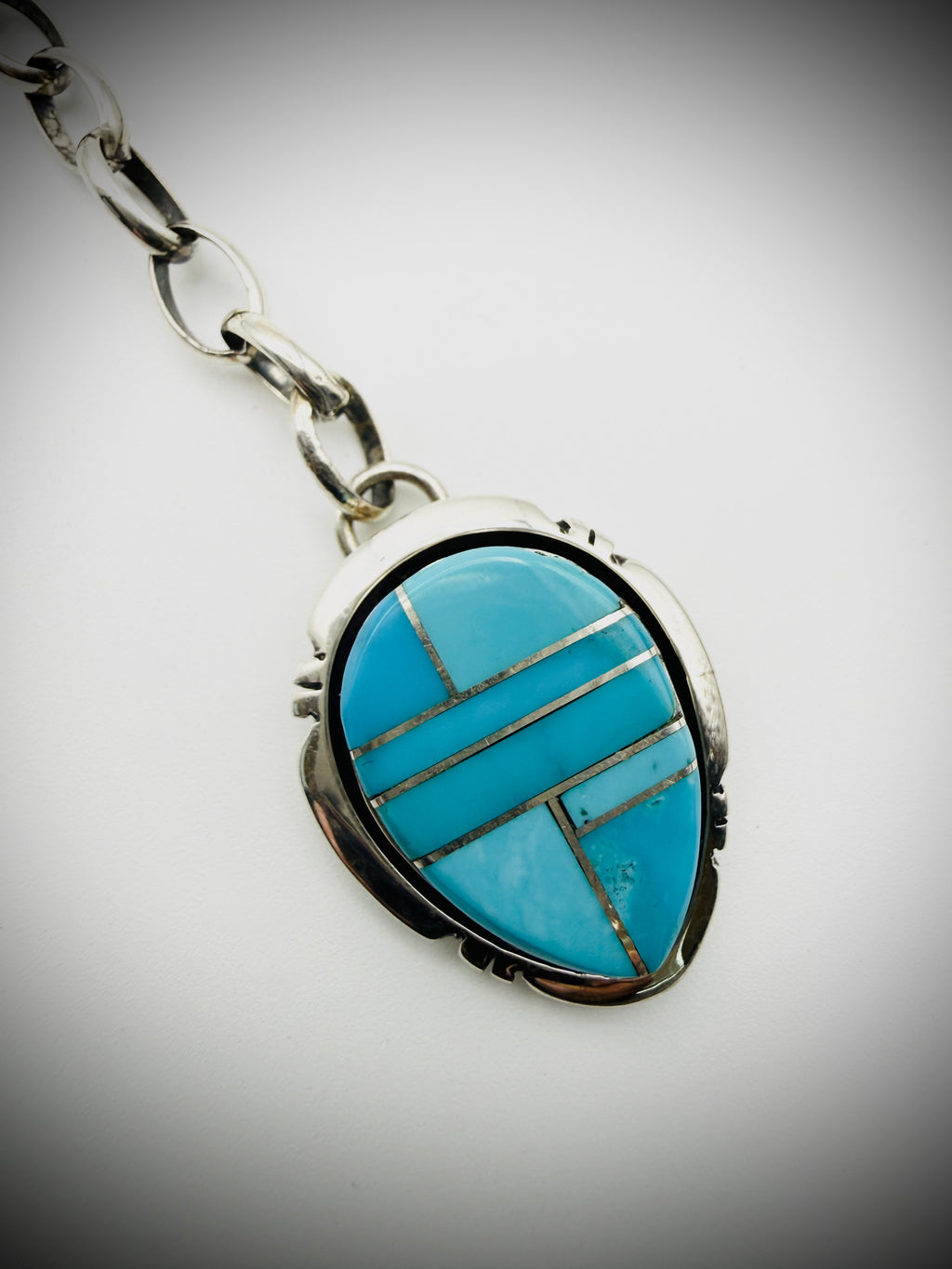Navajo Priscilla A. Smith Sterling Silver Turquoise Inlay Lariat Necklace – 18″ + 5″ Drop, 26 g