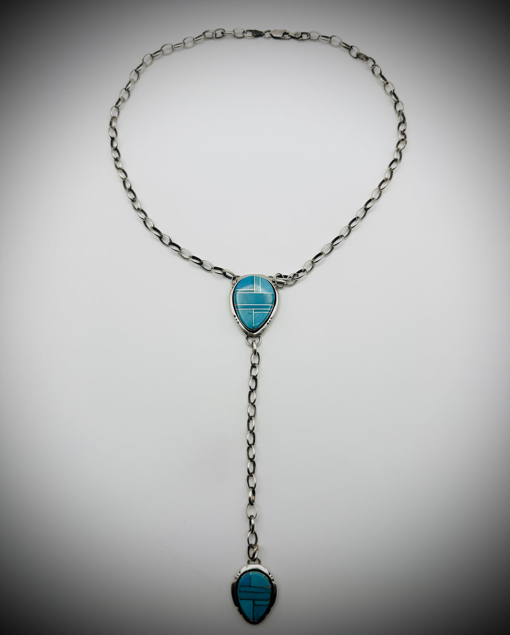 Navajo Priscilla A. Smith Sterling Silver Turquoise Inlay Lariat Necklace – 18″ + 5″ Drop, 26 g