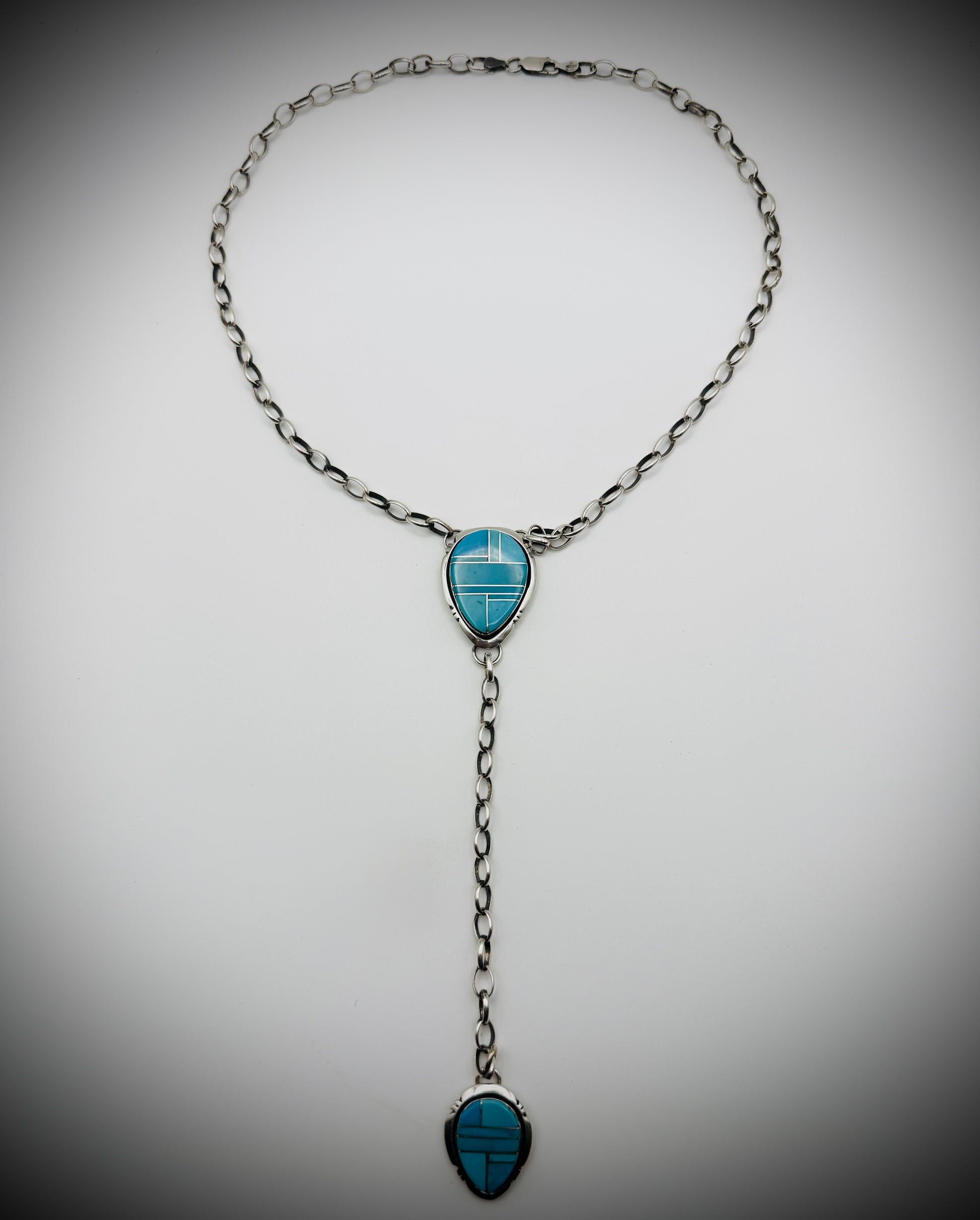 Navajo Priscilla A. Smith Sterling Silver Turquoise Inlay Lariat Necklace – 18″ + 5″ Drop, 26 g