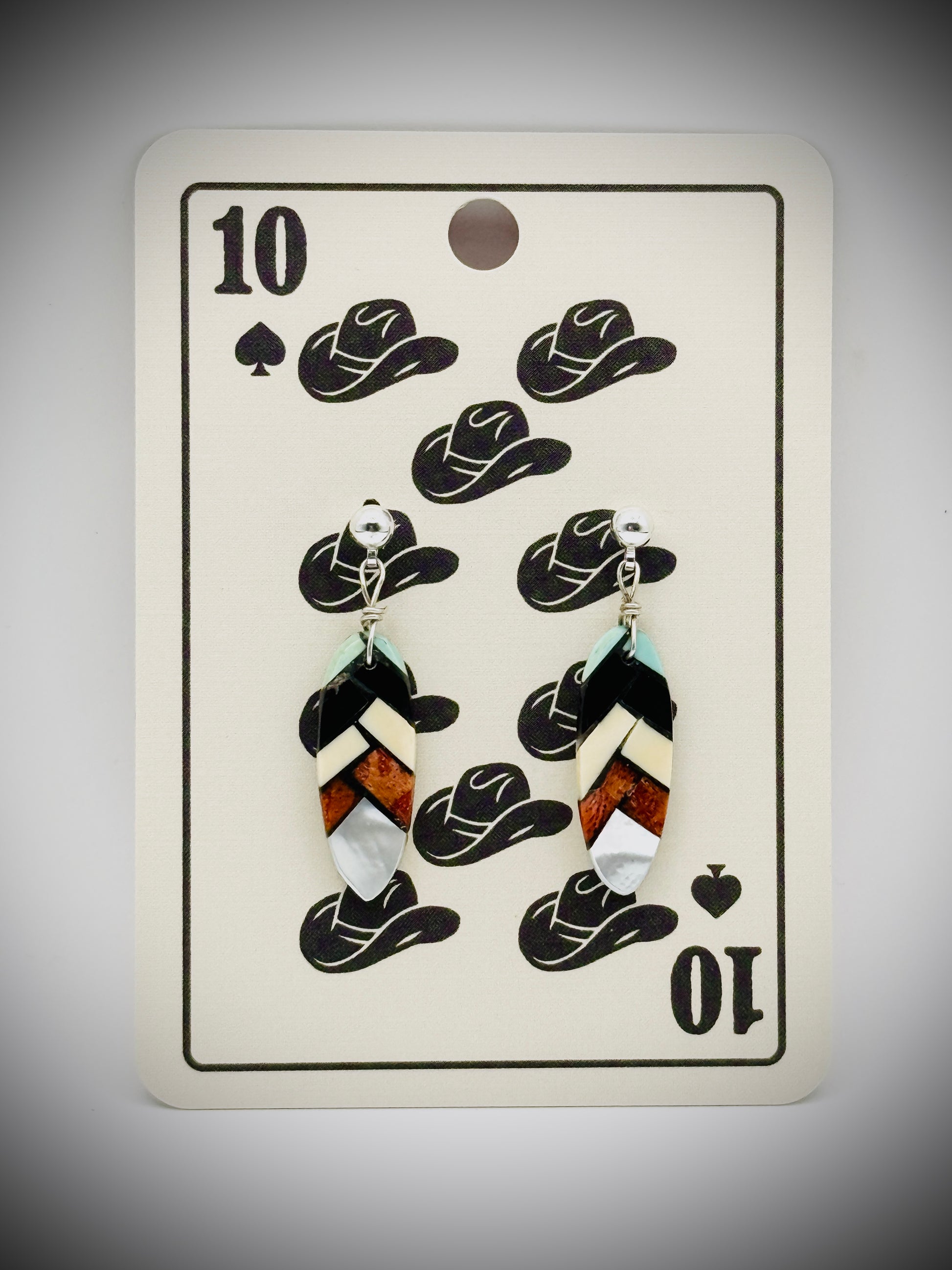 Vintage Inlay Feather Earrings – Shell, Onyx, Coral & Turquoise – 1.5" (4g)