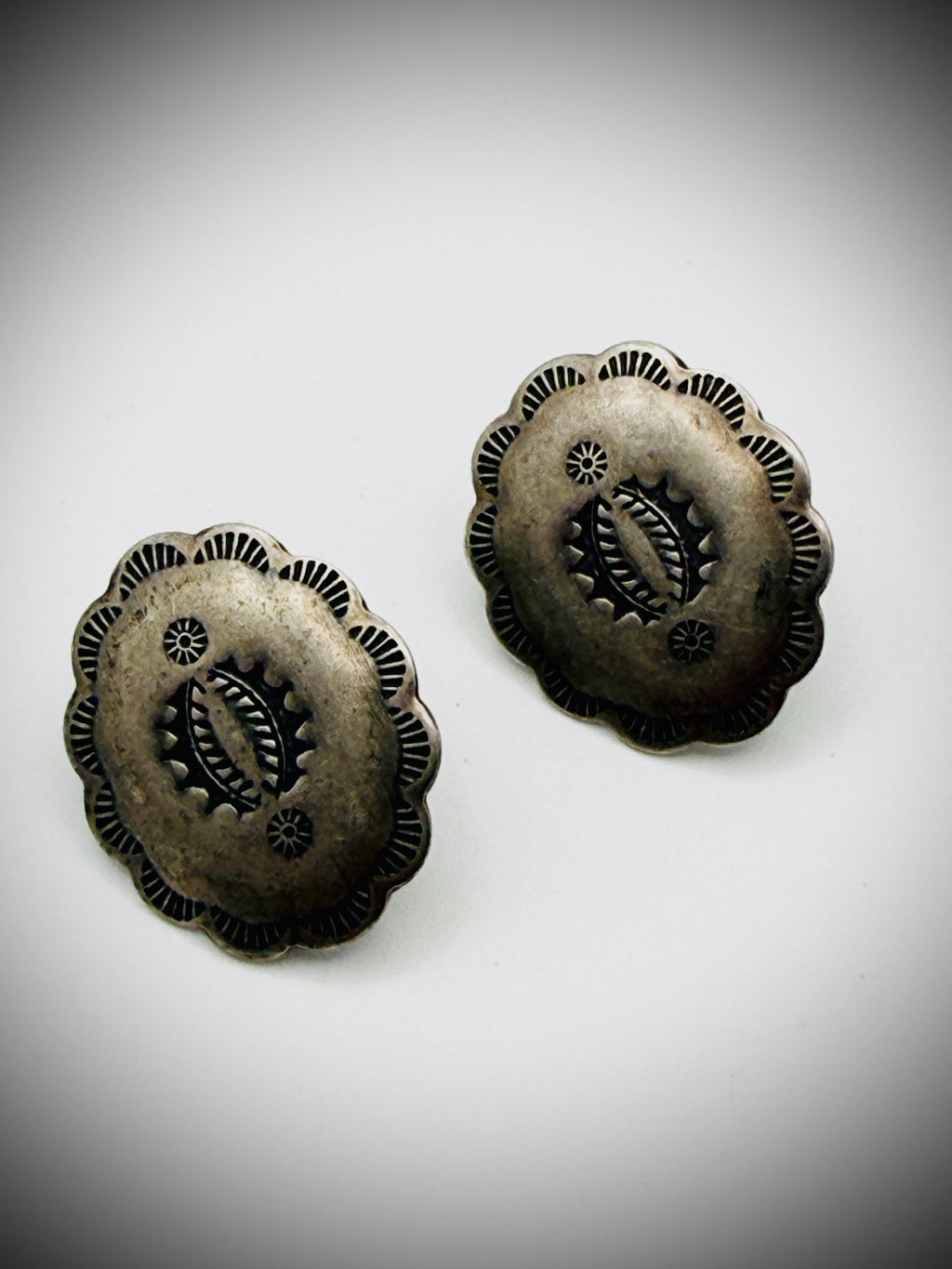 Vintage Sterling Concho Stud Earrings (Signed "F") – .75″, 2g