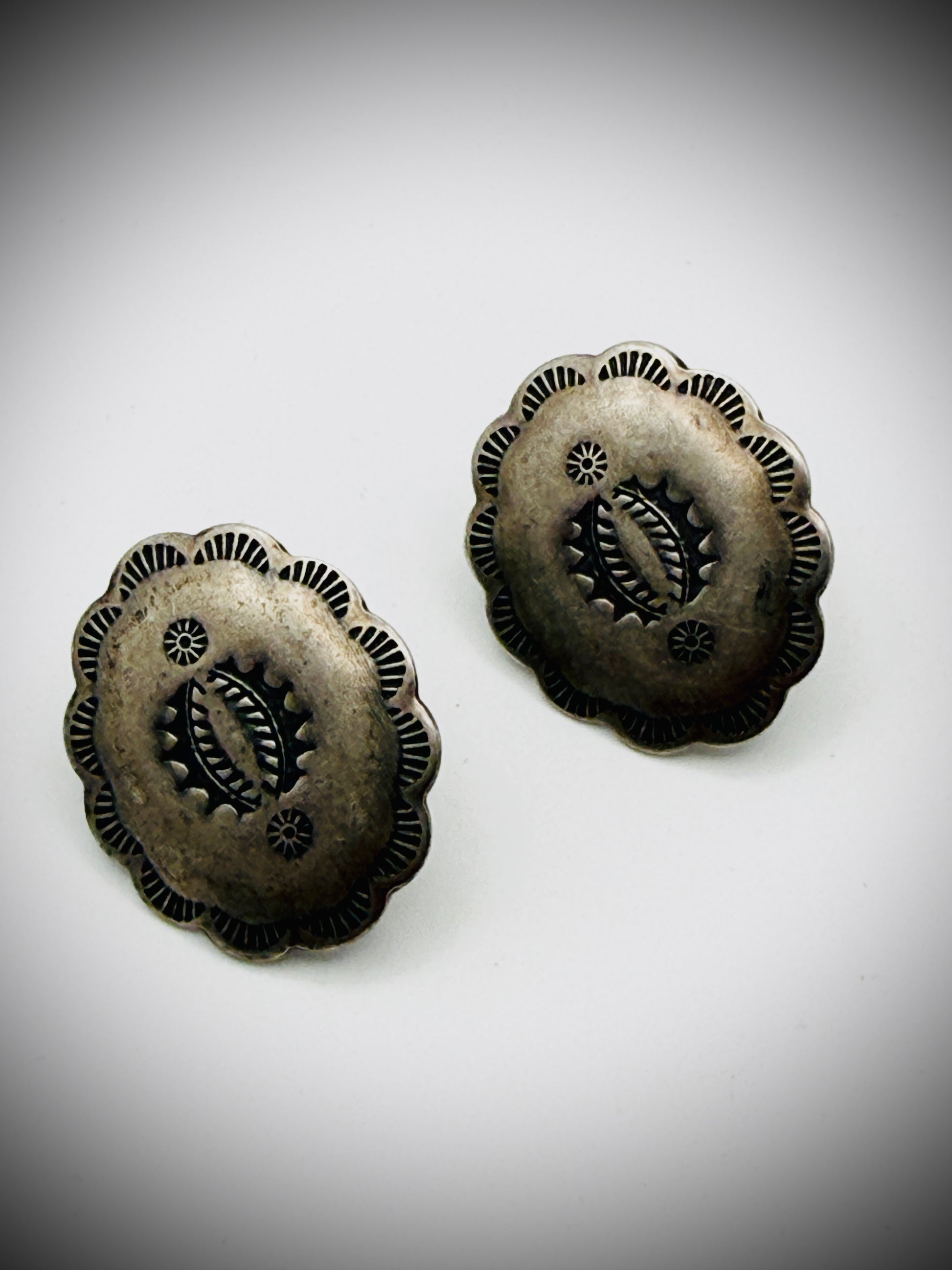 Vintage Sterling Concho Stud Earrings (Signed "F") – .75″, 2g
