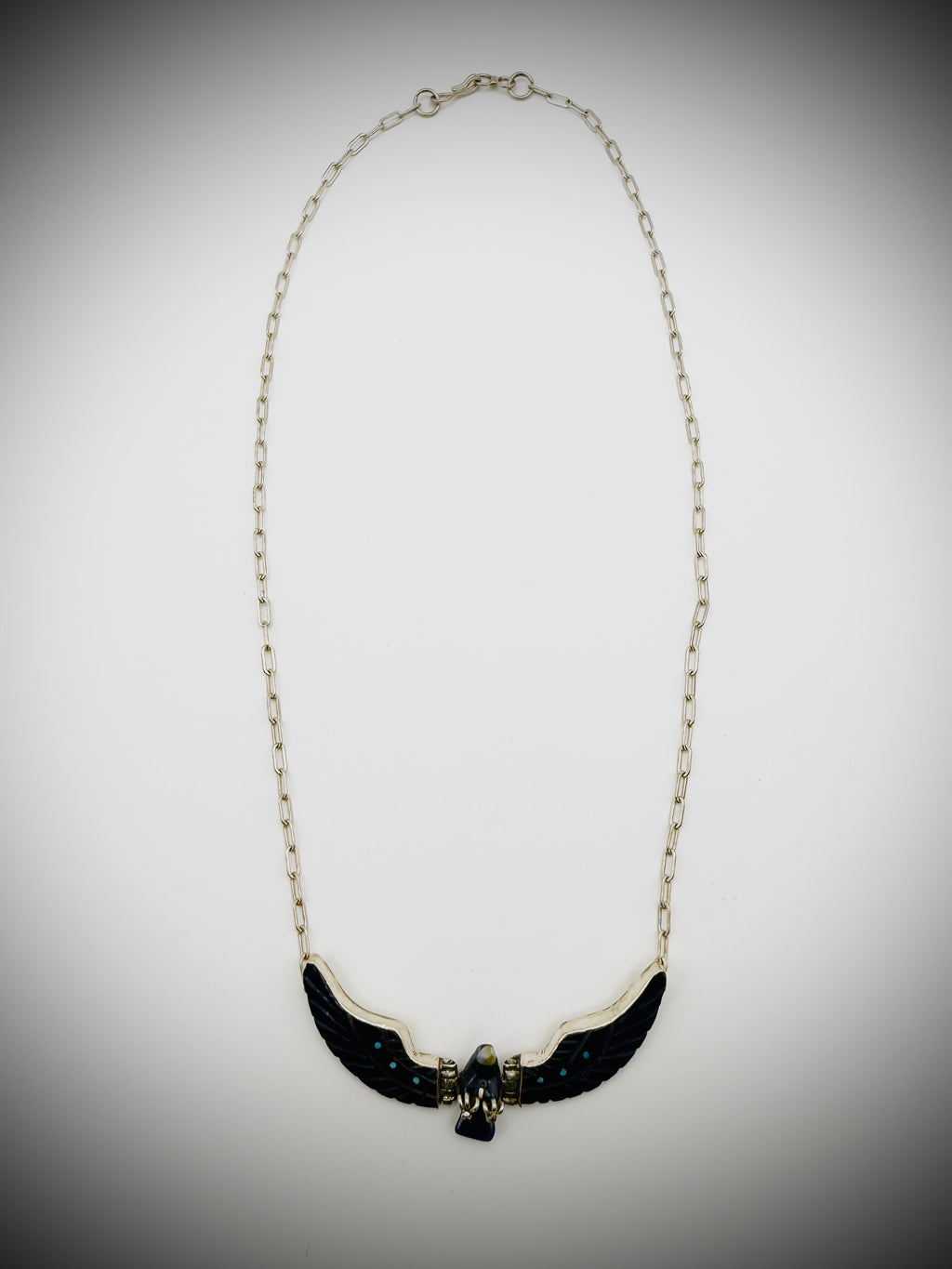 Vintage Sterling Articulated Eagle Necklace — Artist-Stamped “F. TOM”