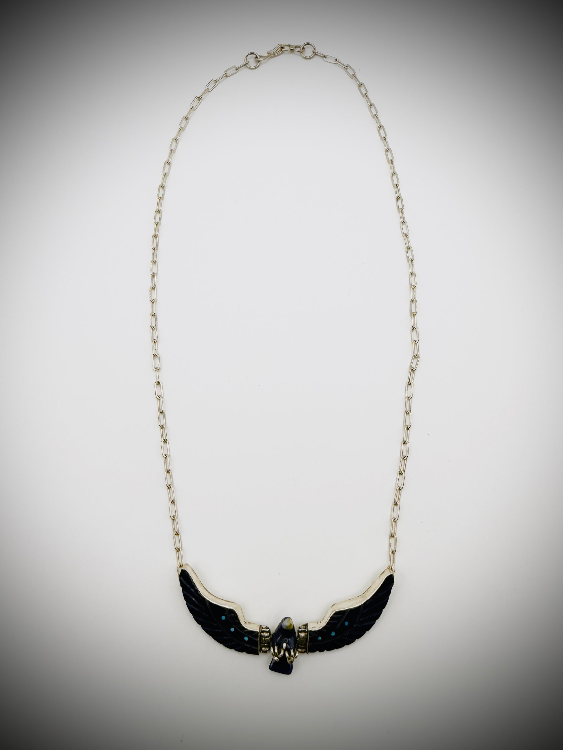 Vintage Sterling Articulated Eagle Necklace — Artist-Stamped “F. TOM”