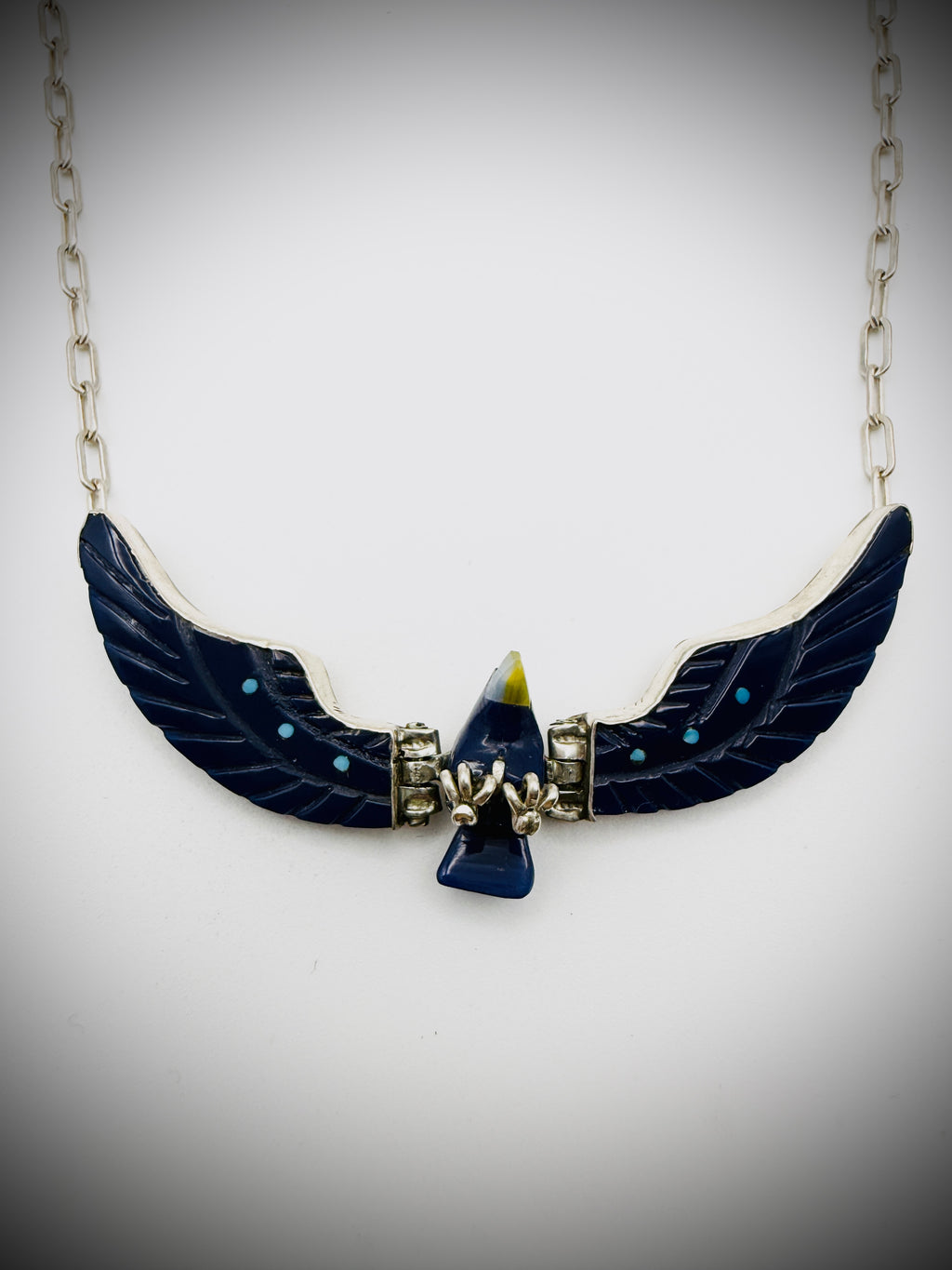 Vintage Sterling Articulated Eagle Necklace — Artist-Stamped “F. TOM”