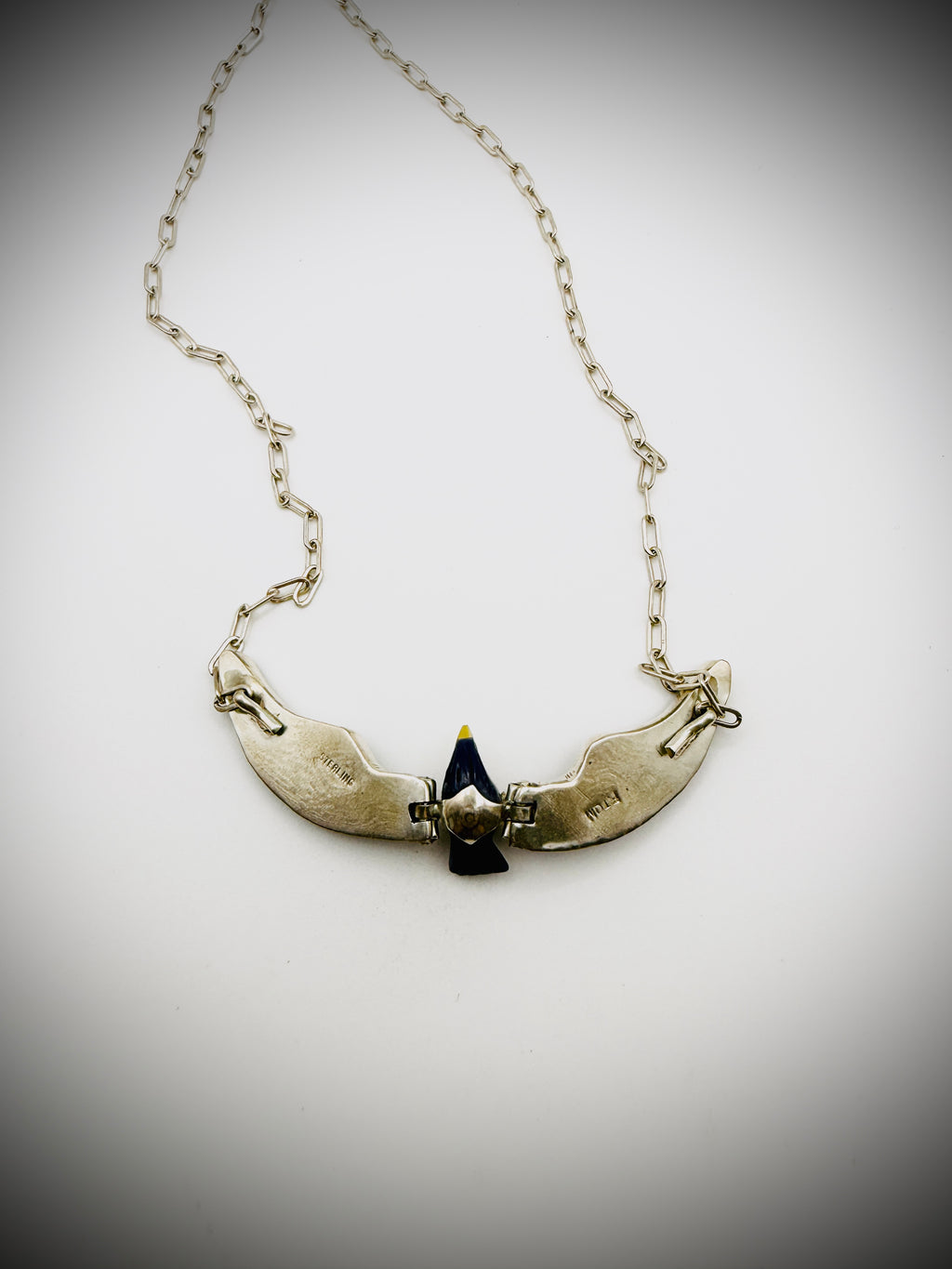 Vintage Sterling Articulated Eagle Necklace — Artist-Stamped “F. TOM”