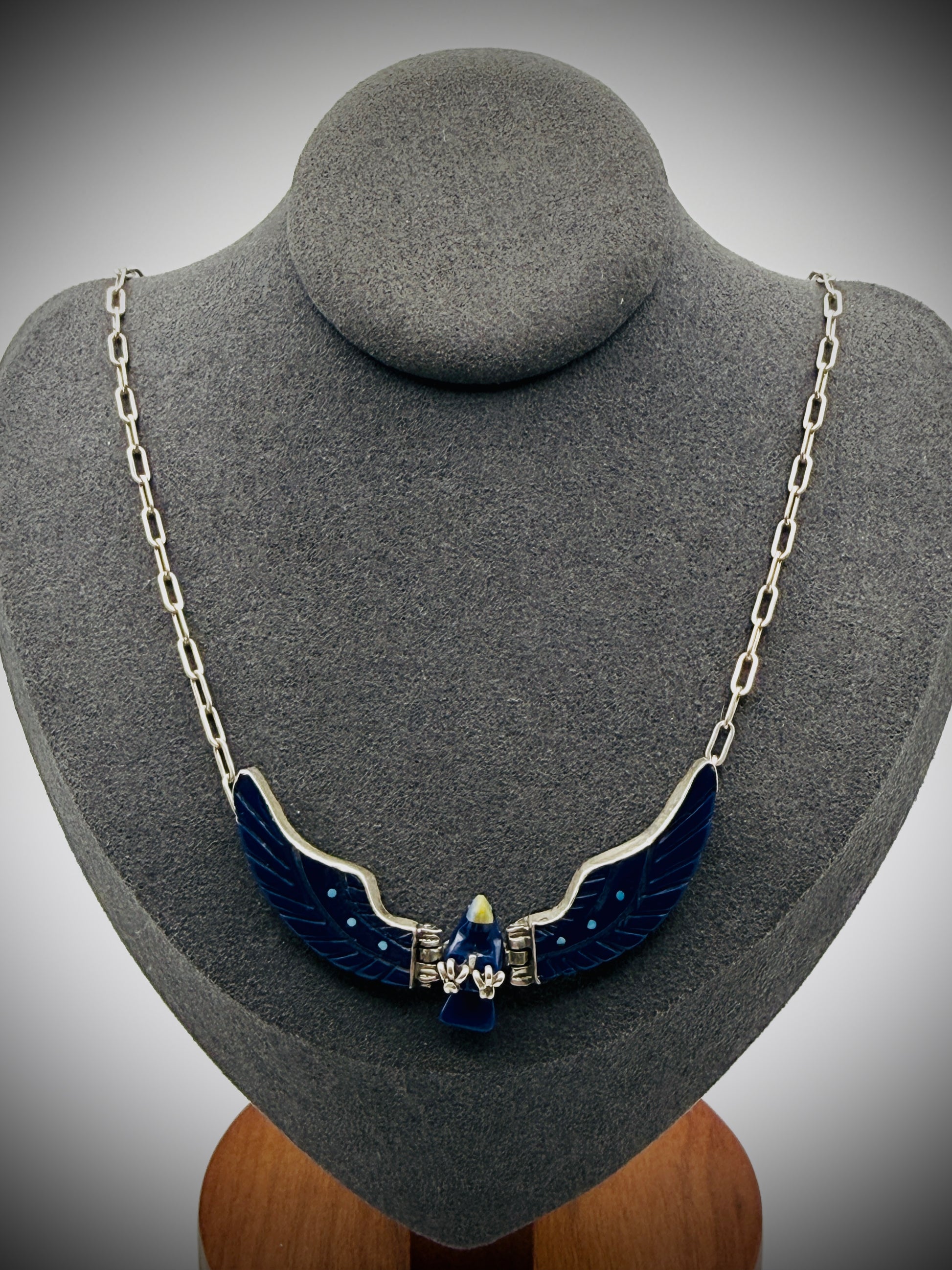 Vintage Sterling Articulated Eagle Necklace — Artist-Stamped “F. TOM”