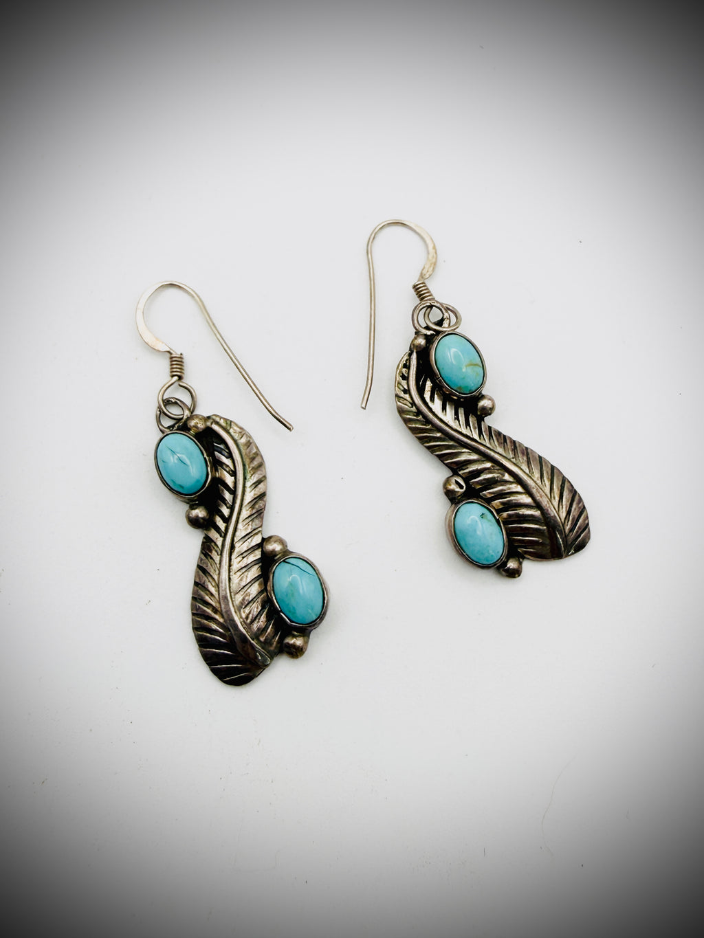 Native Sterling Turquoise Feather Dangle Earrings 1.75"