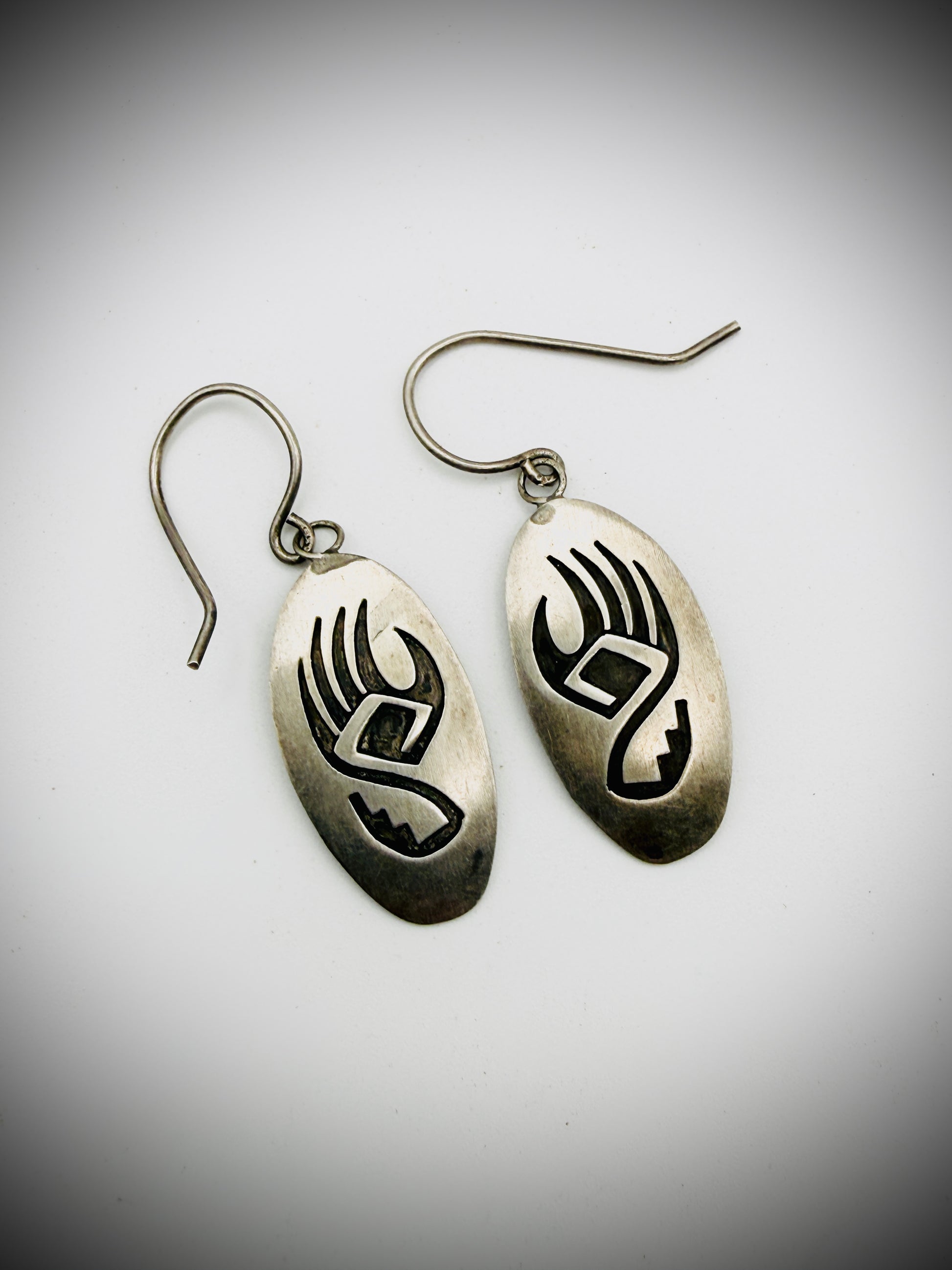 Vintage Hopi Sterling Silver Overlay Bear Paw Dangle Earrings