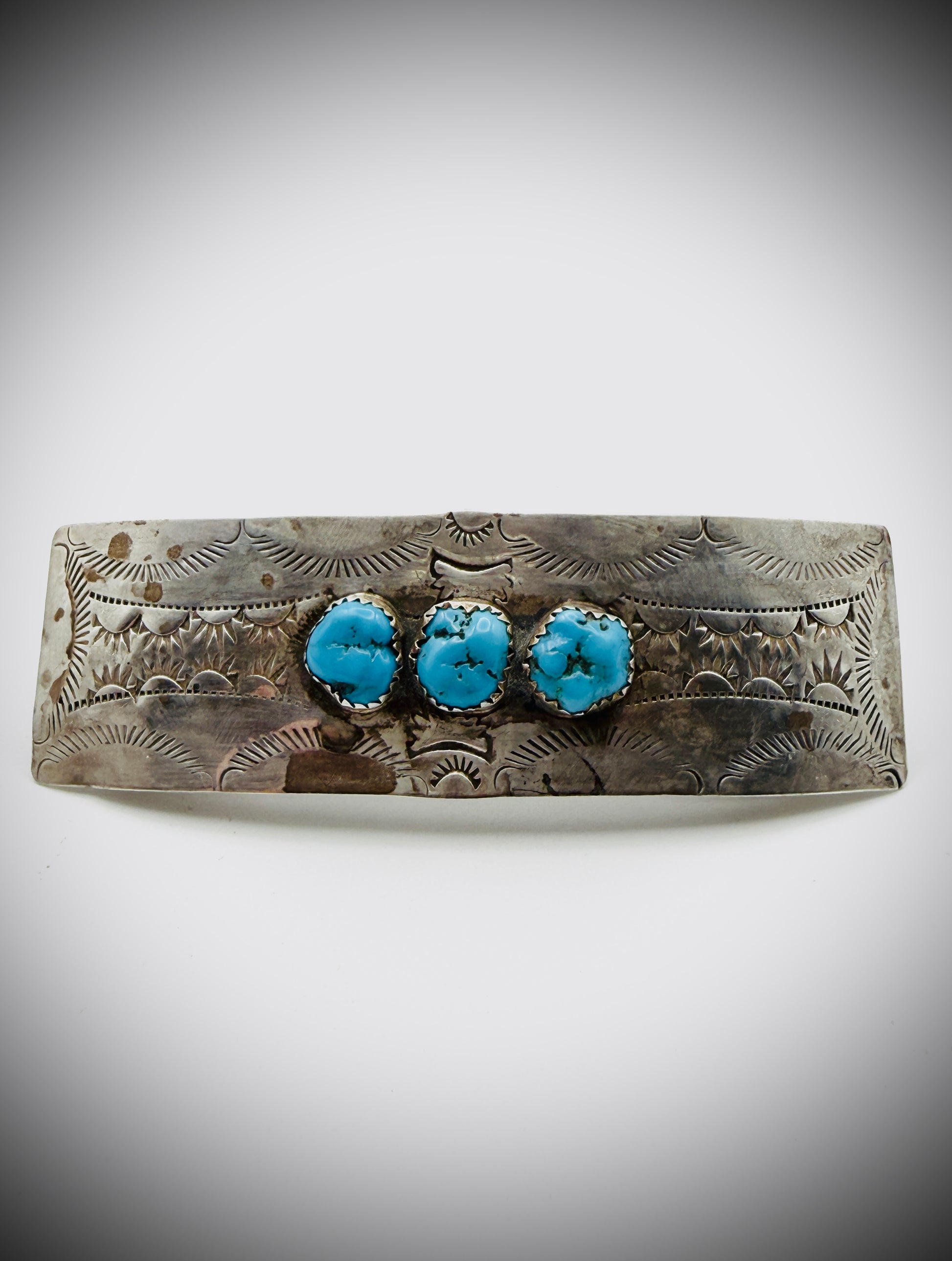 Vintage Sterling Silver Turquoise 3-Stone Barrette Hair Clip