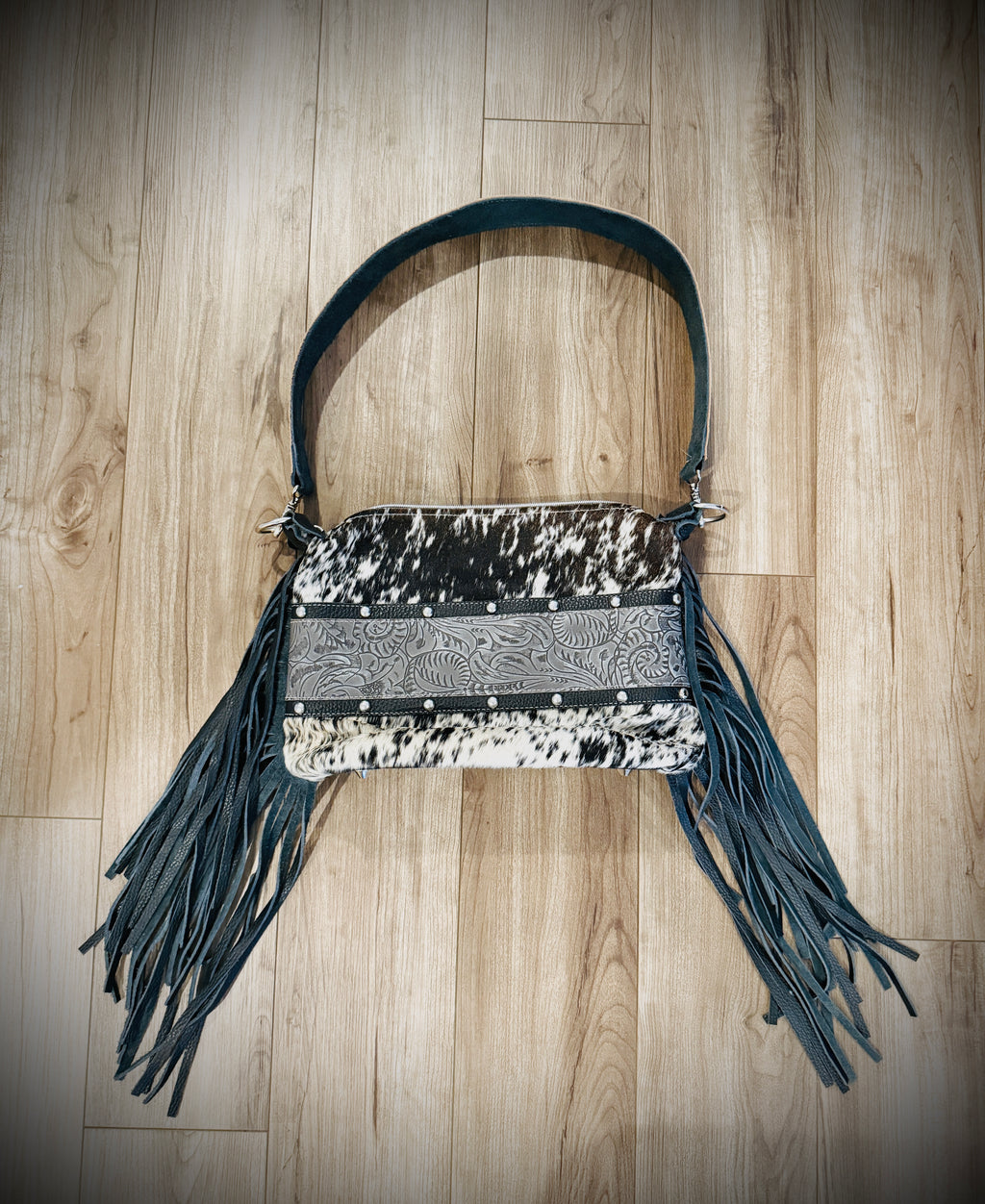 DCD “Annie” Shoulder Bag | Chocolate/White Hide + Lead Dallas Tool | Fringe