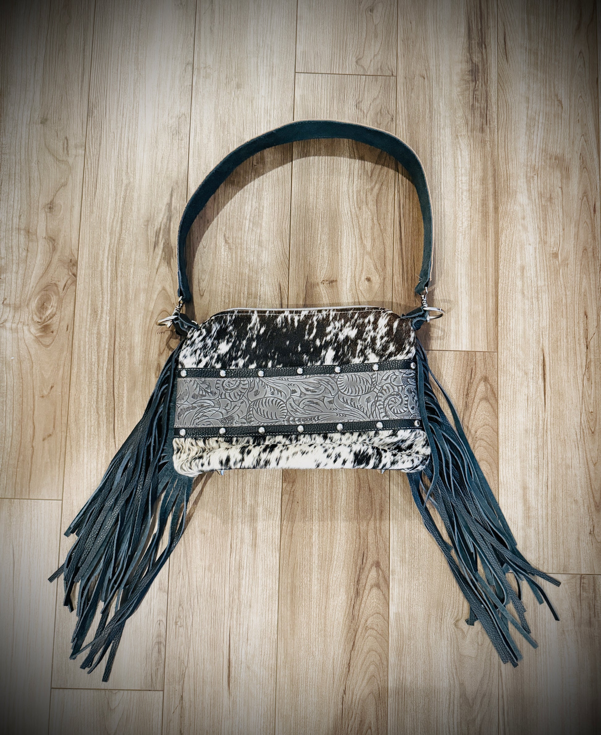 DCD “Annie” Shoulder Bag | Chocolate/White Hide + Lead Dallas Tool | Fringe